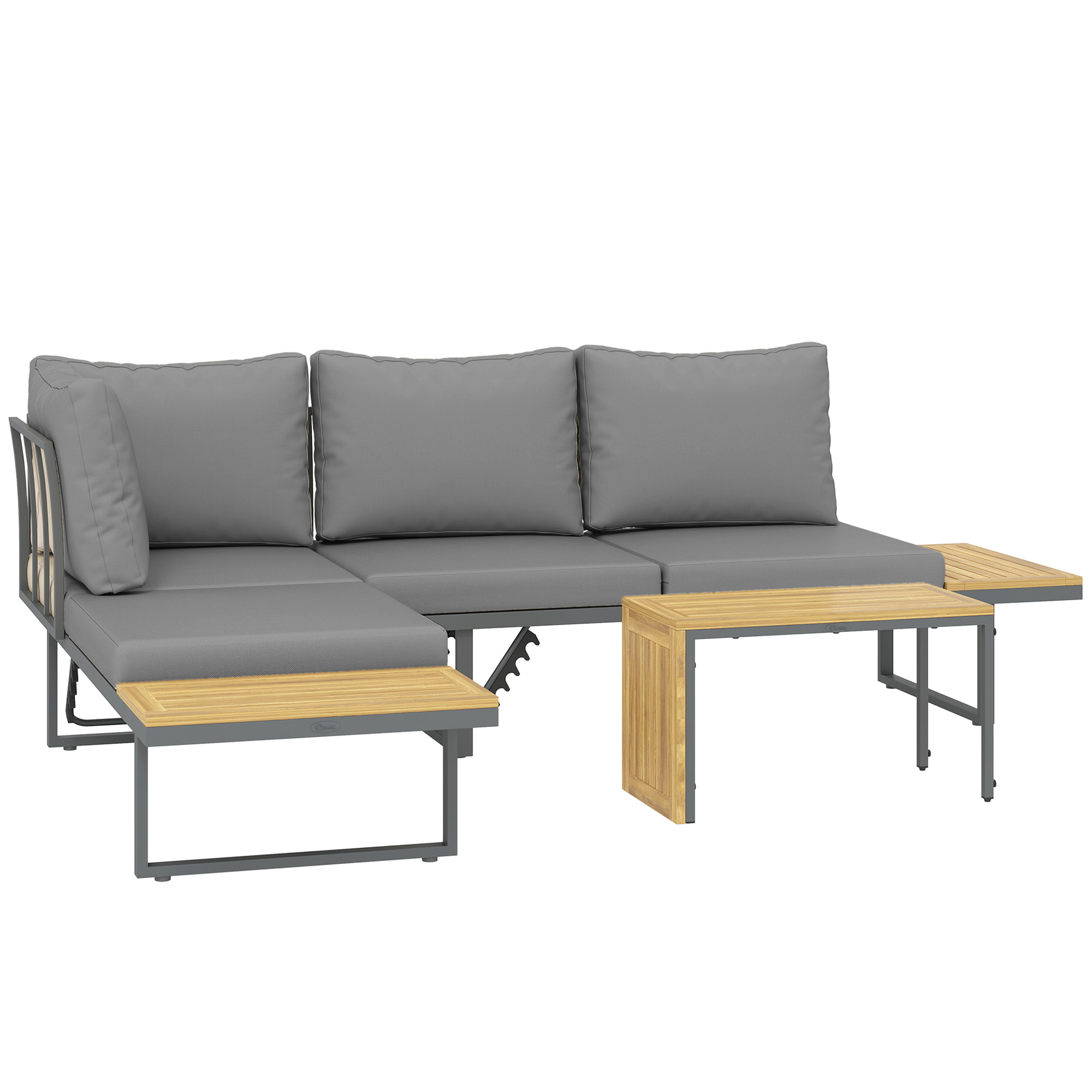 Outsunny Akazienholz Gartenmöbel Set 6 Personen L-Förmig Gartenlounge mit Eckbank verstellbar Rückenlehne Beistelltisch Kissen Balkonmöbel-Set Outdoor Sitzgruppe für Garten Terrasse Balkon Hellgrau Aosom