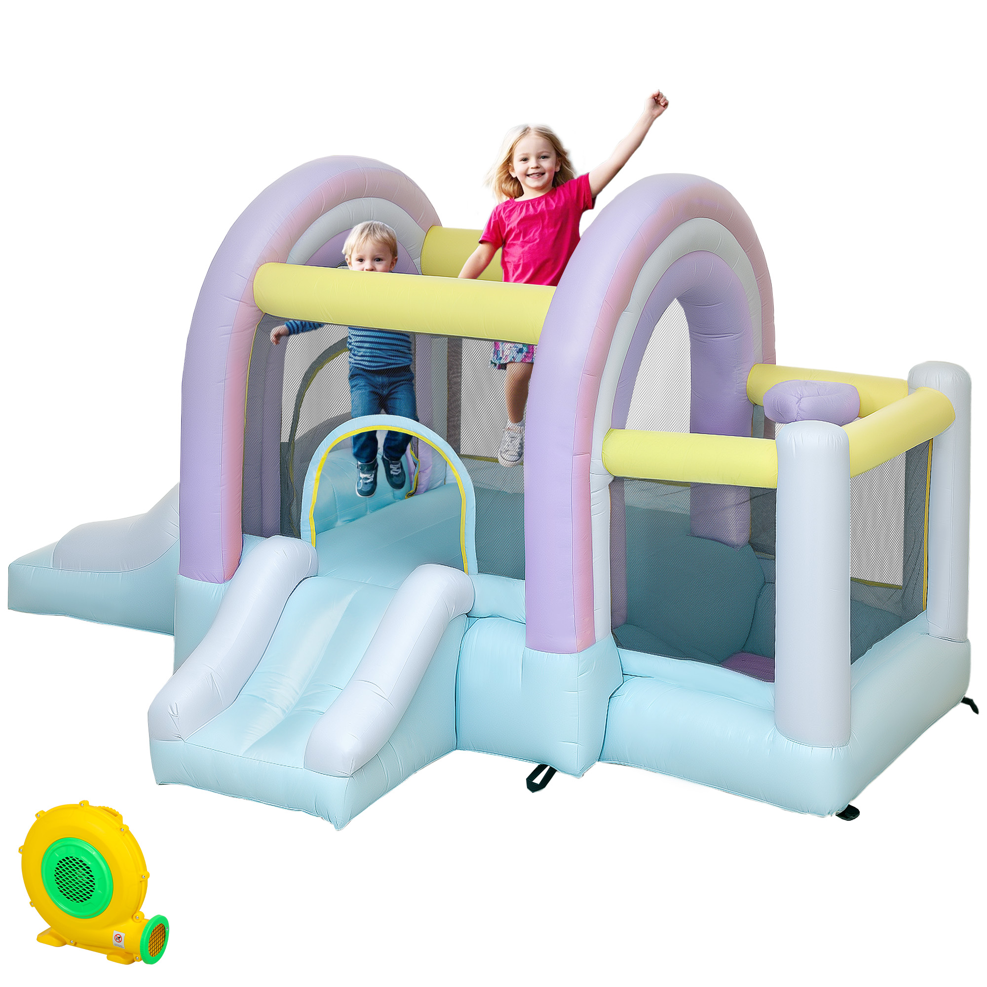 AIYAPLAY Hüpfburg mit Gebläse, Rutsche, Sprung, Basketballkorb Aufblasbare Springburg mit Tragetasche für Indoor Outdoor für Kinder von 3-8 Jahren, 340 x 220 x 180 cm   Aosom