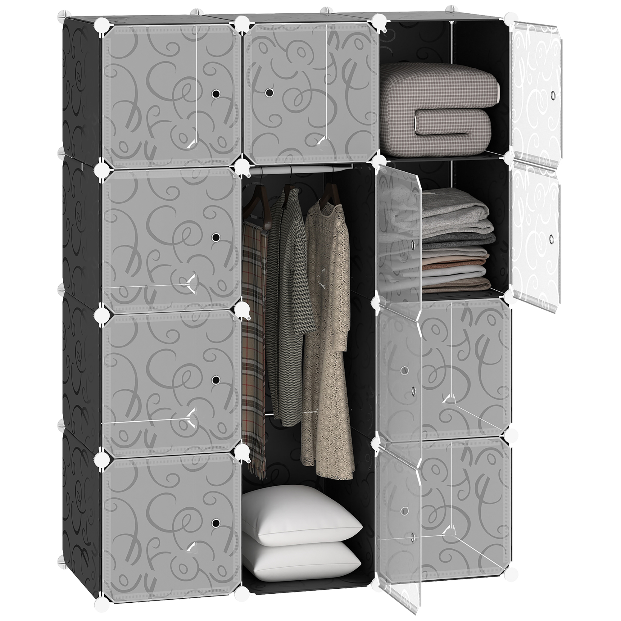 HOMCOM Kleiderschrank DIY Garderobe Regalsystem Steckregal, Würfel Garderobenschrank mit Kleiderstange, PP, Schwarz + Weiß Aosom