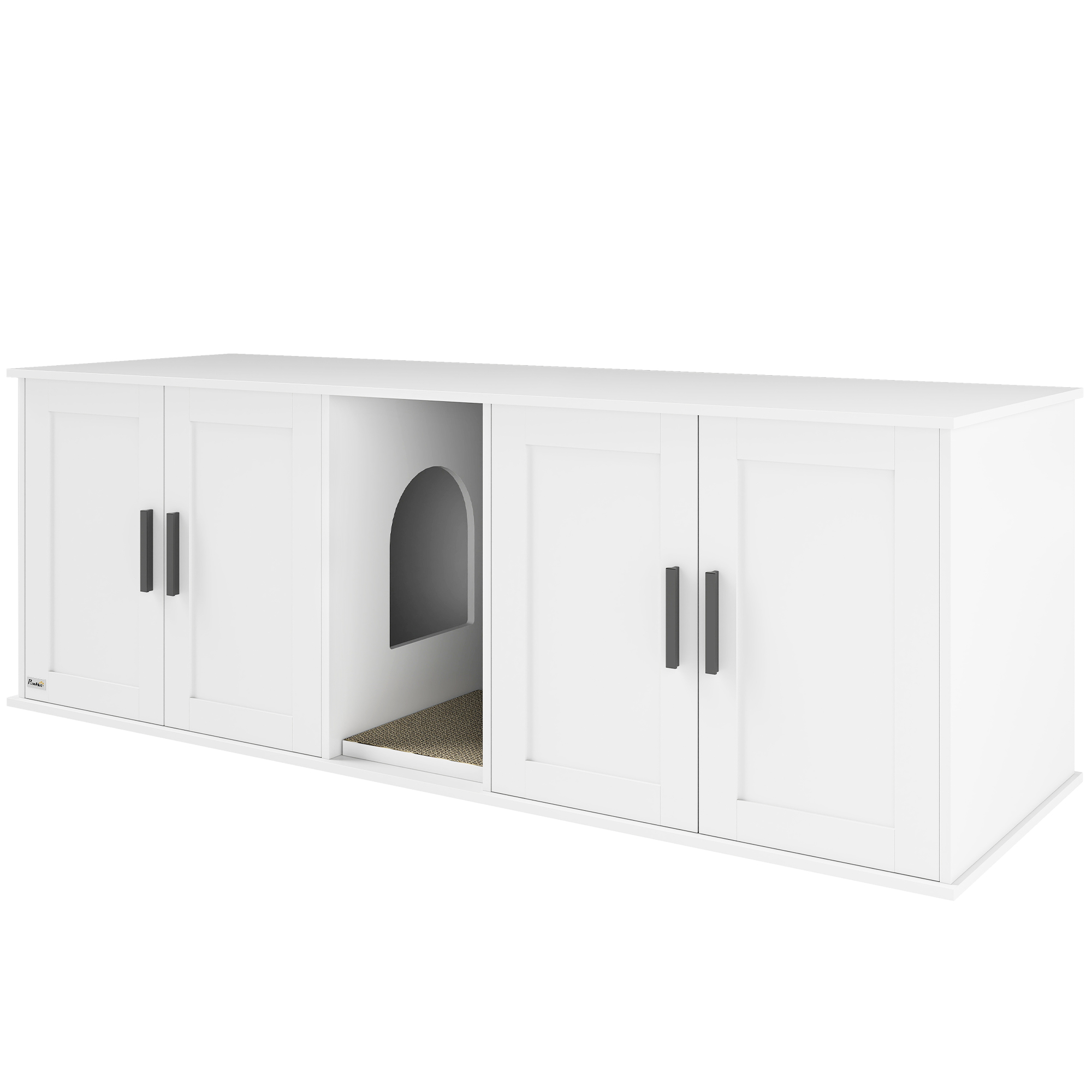 PawHut Katzenklo-Schrank Katzenhaus mit Tür Trennwand Katzentoilette Katzenschrank für große Katzen Beistelltisch Katzenhöhle 145 x 49 x 51 cm Weiß   Aosom