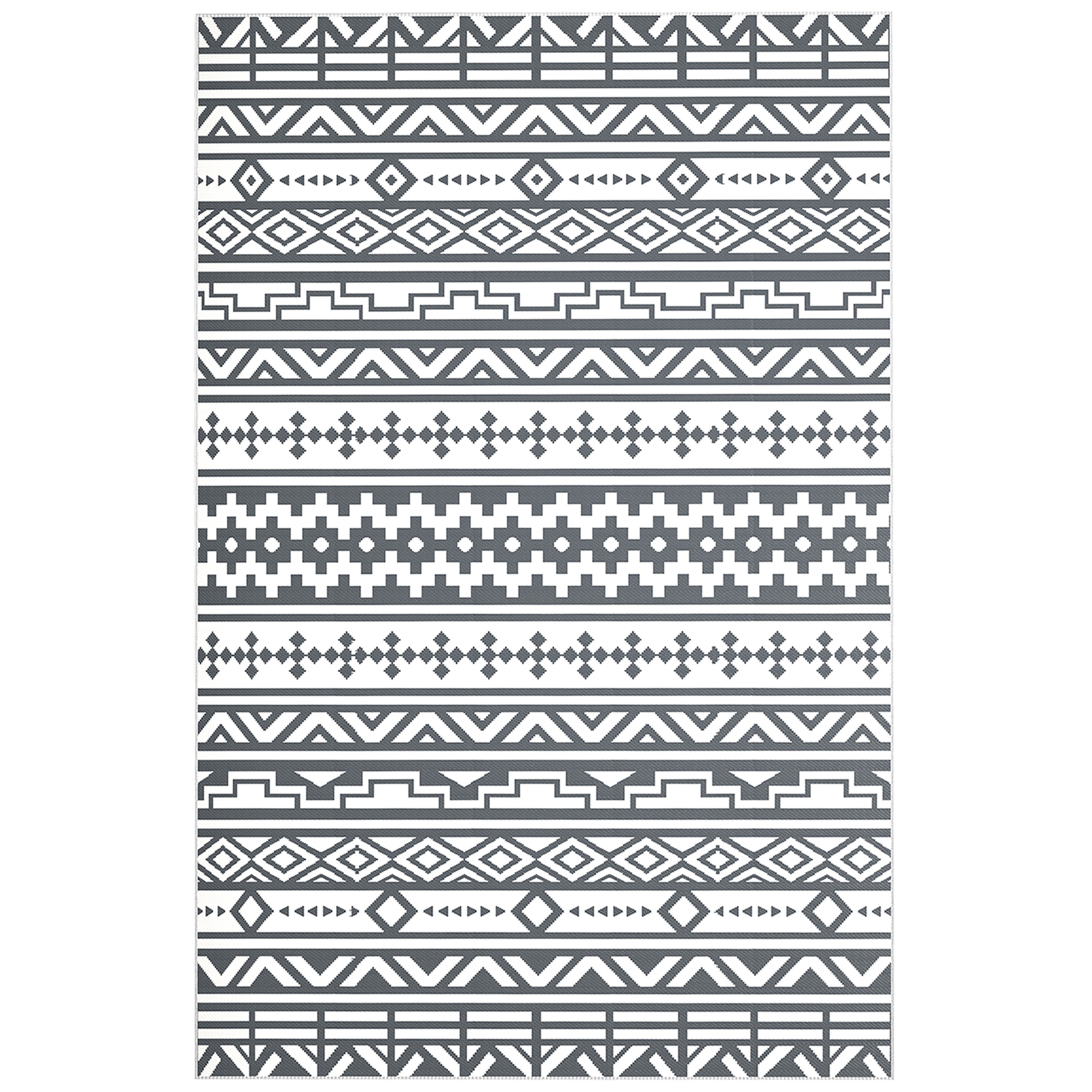 Outsunny Outdoor Teppich robuster Wetterfest Outdoorteppich, faltbar Carpet mit Boho-Style, Outdoor-Teppich für Wohnzimmer Balkon Garten Terrasse Bad Flur Küche, 182 x 274 cm Dunkelgrau+Weiß   Aosom