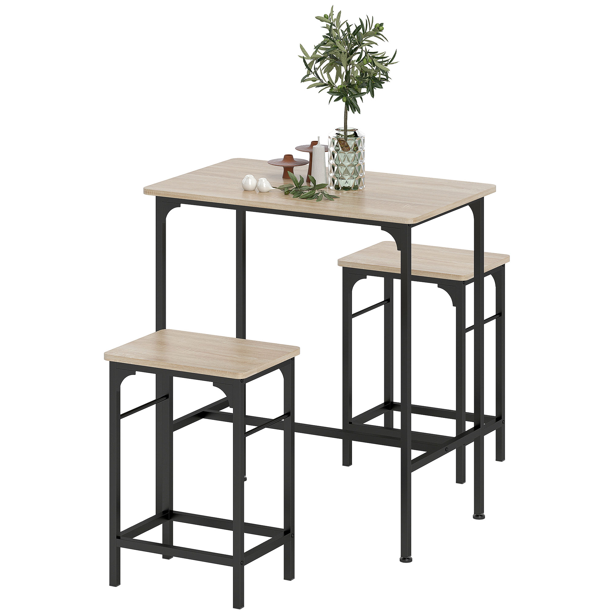 HOMCOM Bartisch Set Bartisch mit Barhocker-Set Esstisch mit 2 Stühlen mit Rutschfestem Fußpolster Küchentisch für Esszimmer, Küche, Naturholz   Aosom