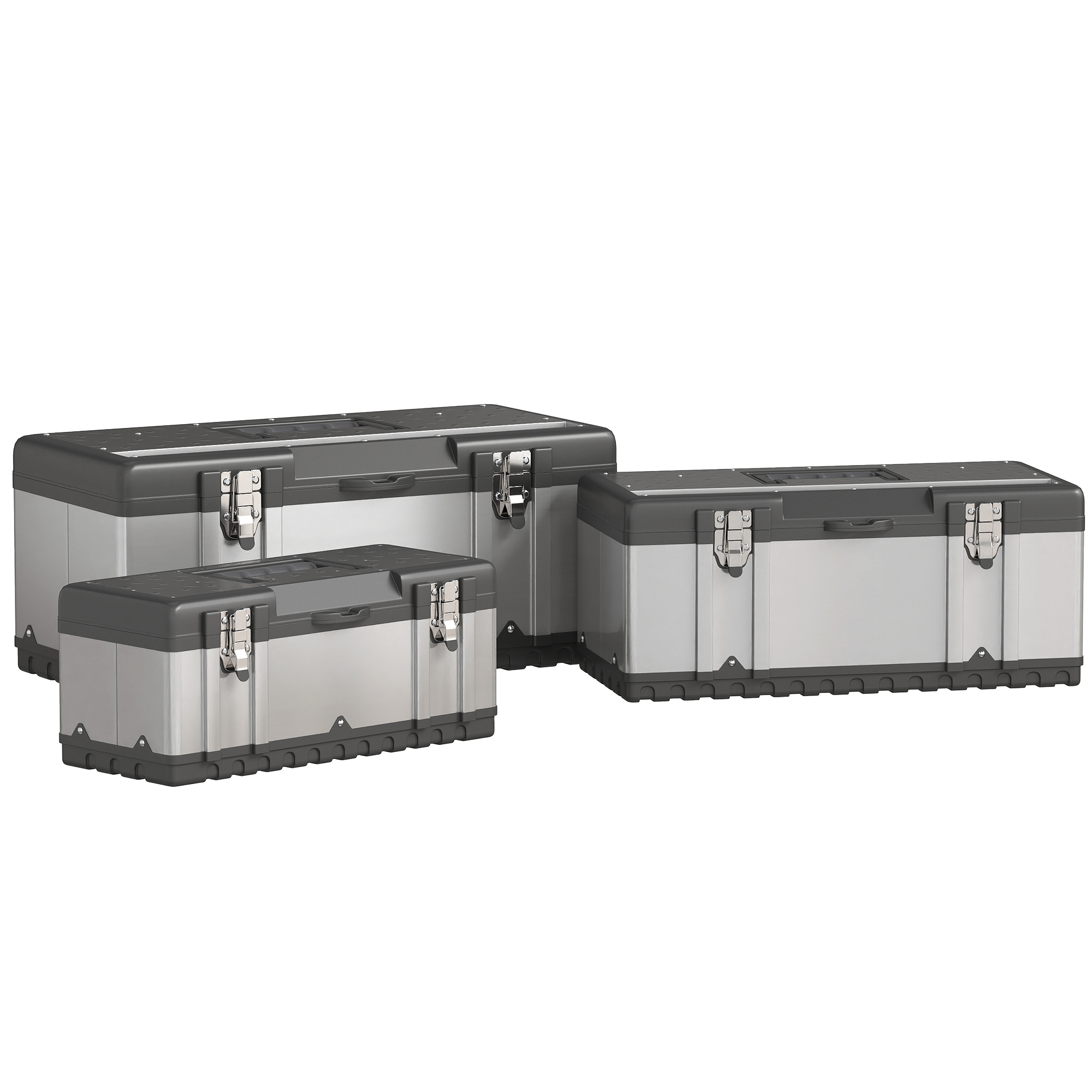 HOMCOM Werkzeugkoffer 3er Set leer Werkzeugkasten Werkzeugkiste mit abnehmbarem Tablett, Griffe, Verschlüsse, Werkzeugbox aus Edelstahl, Schwarz+Silber Aosom