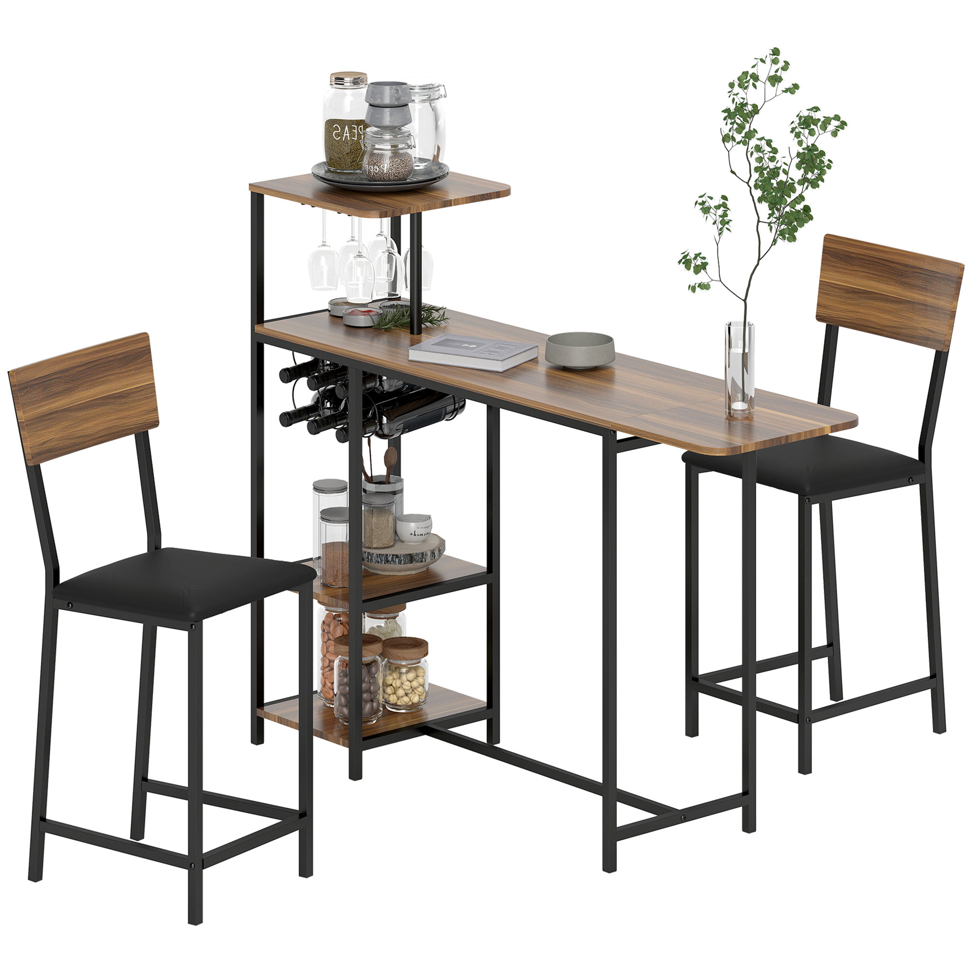 HOMCOM Bartisch mit Barhocker Set, 3-tlg. Bartisch-Set mit Klappbar Küchentisch, Weinglashalter Weinregal Ablage 2 Barstühlen, Stahlrahmen, im Modern, Essgruppe für Esszimmer, Küche, Braun   Aosom