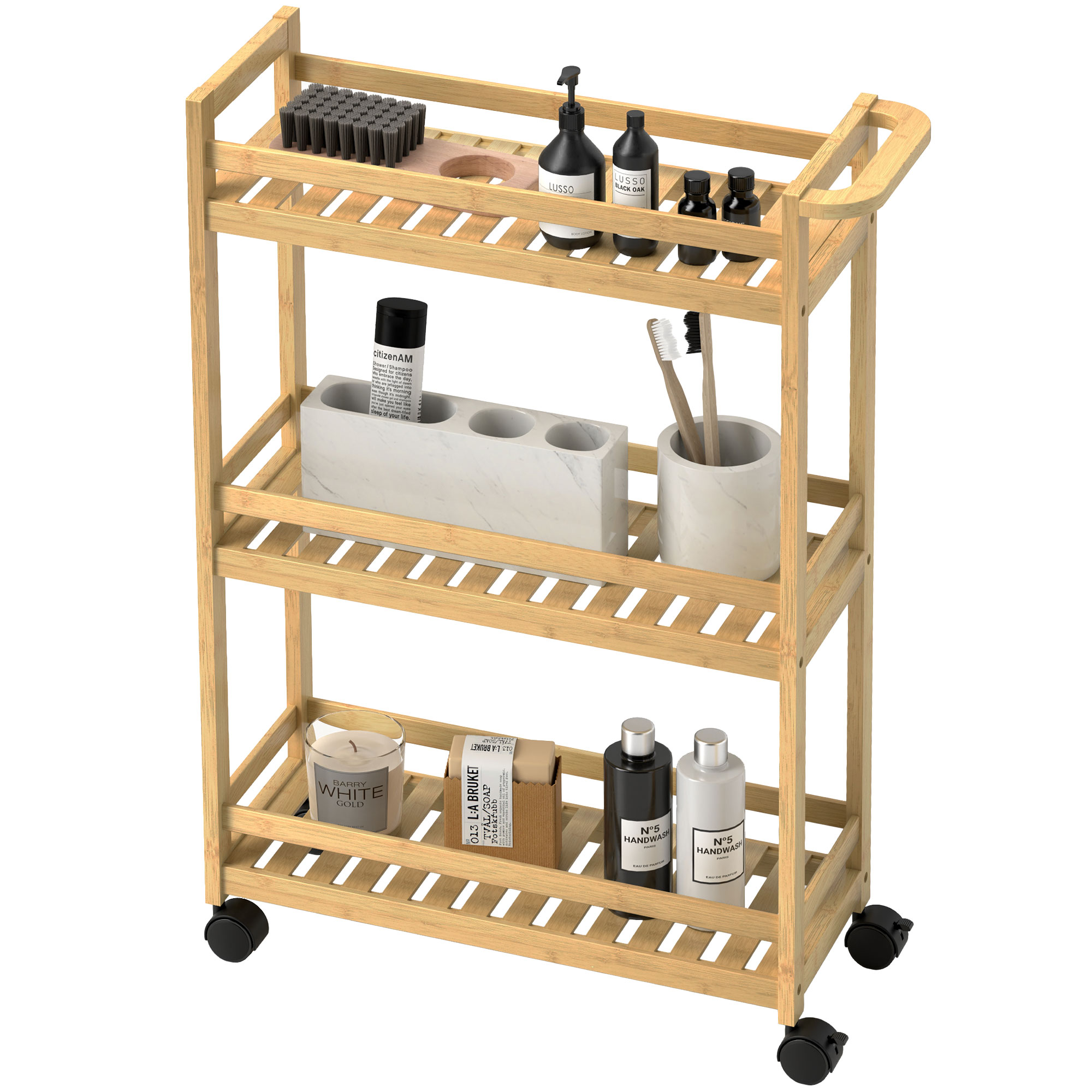 HOMCOM 3-stöckiger Servierwagen aus Bambus, Küchenwagen mit Rolle, Allzweckwagen mit Griff, Lagerwagen für Büro, Wohnzimmer, Küche, 55 x 20 x 75 cm, Naturholz   Aosom