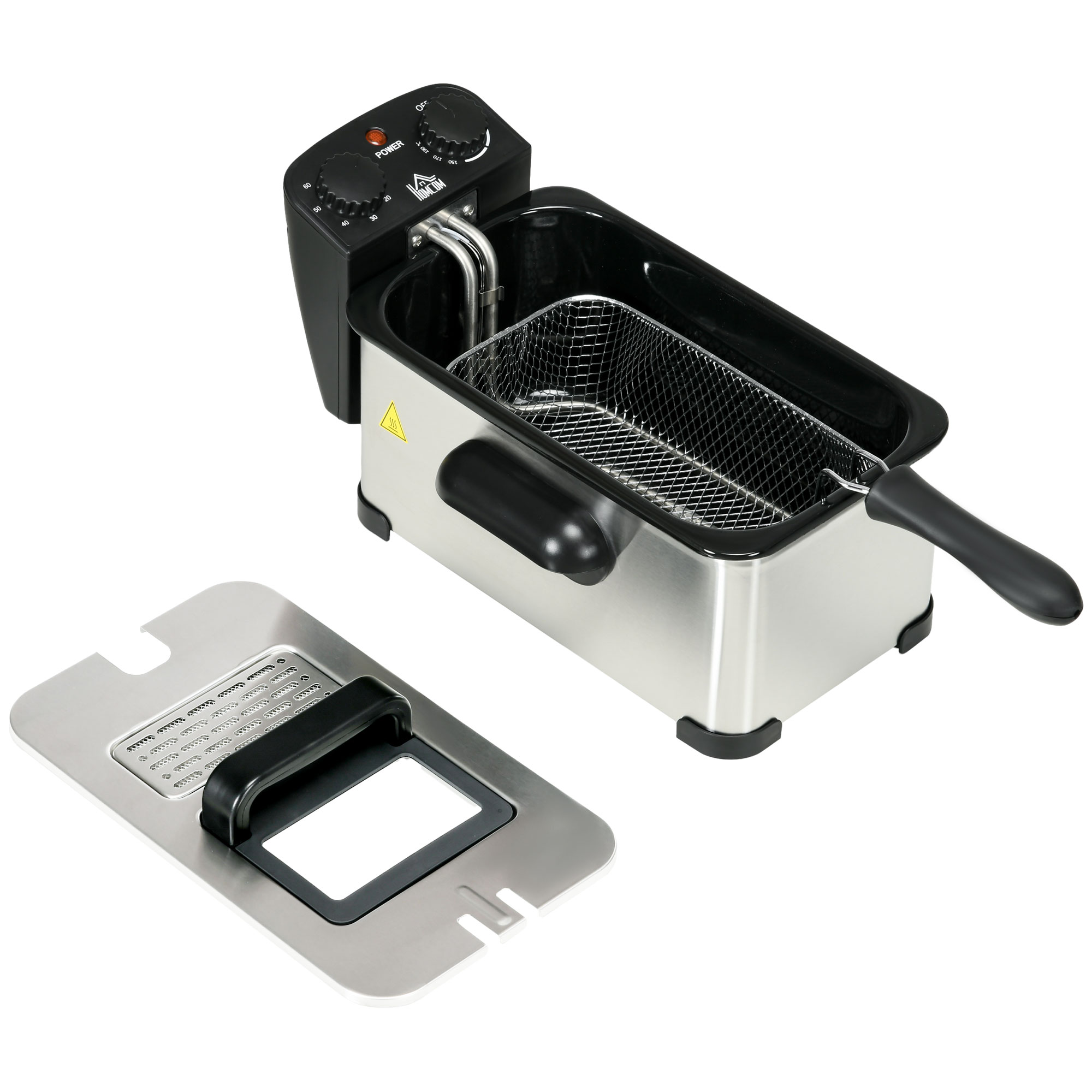 HOMCOM Fritteuse 3L mit Einstellbares Thermostat, Herausnehmbarer Ölbehälter, Staubschutzdeckel inkl. Sichtfenster, 60-Minuten-Timer, Überhitzungsschutz, 2000W, Edelstahl Silber Aosom