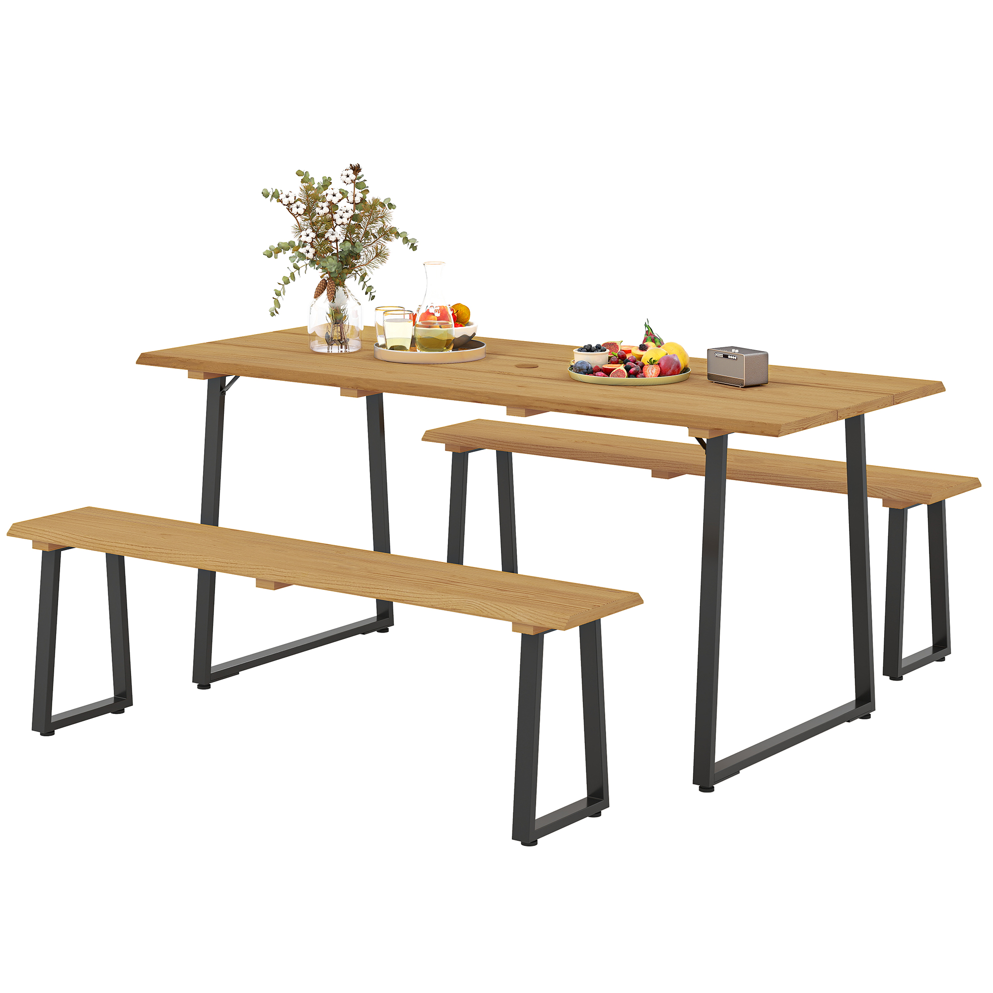 Outsunny Sitzgruppe 3-teilig Holz Essgruppe für 6 Personen Esstisch mit 2 Bänke Schirmloch Esszimmergruppe mit Holztisch Küchentisch-Set Balkonmöbel Gartenmöbel für Terrasse, Balkon Naturholz   Aosom