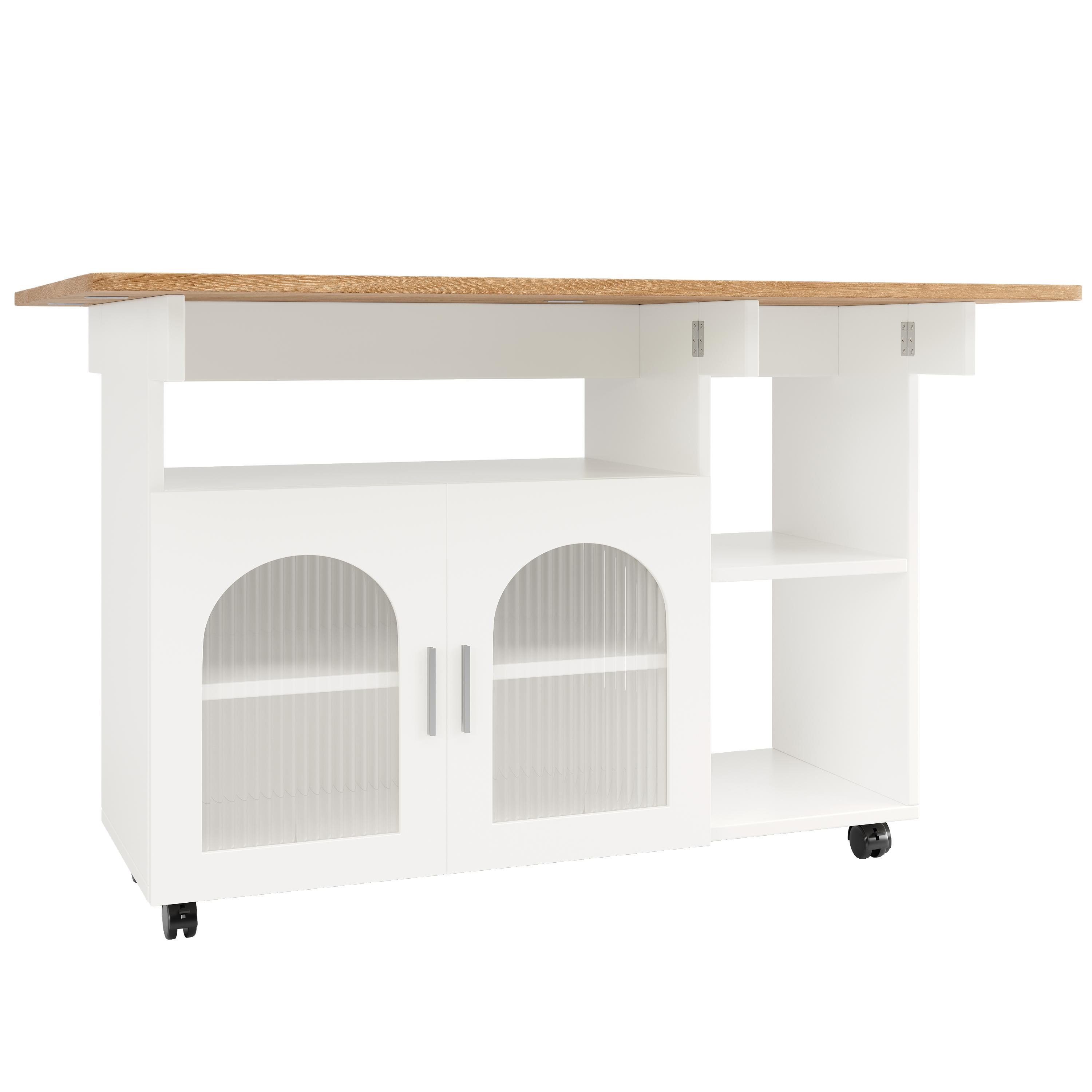 Moderne Kücheninsel, Multifunktionaler Servierwagen mit Stauraum und Glastürschränken, 120×30×79,5 cm, Weiß+Naturfarbe