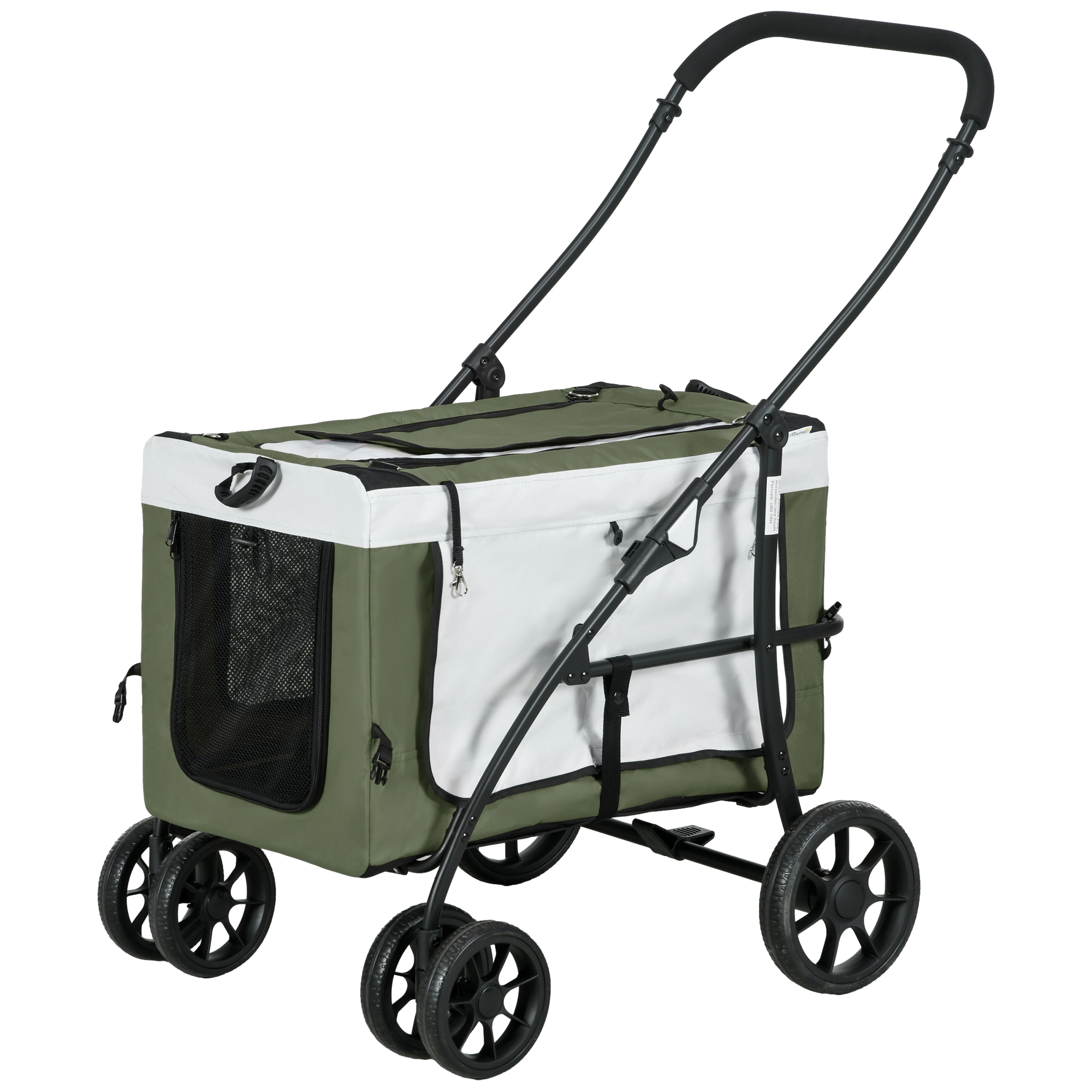 PawHut 2 in 1 Hundewagen Hundebuggy klappbar für Hunde & Katzen bis 10 kg Katzenbuggy mit Kissen Netzfenstern Türen Aufbewahrungskorb Katzenwagen Buggy Dunkelgrün   Aosom