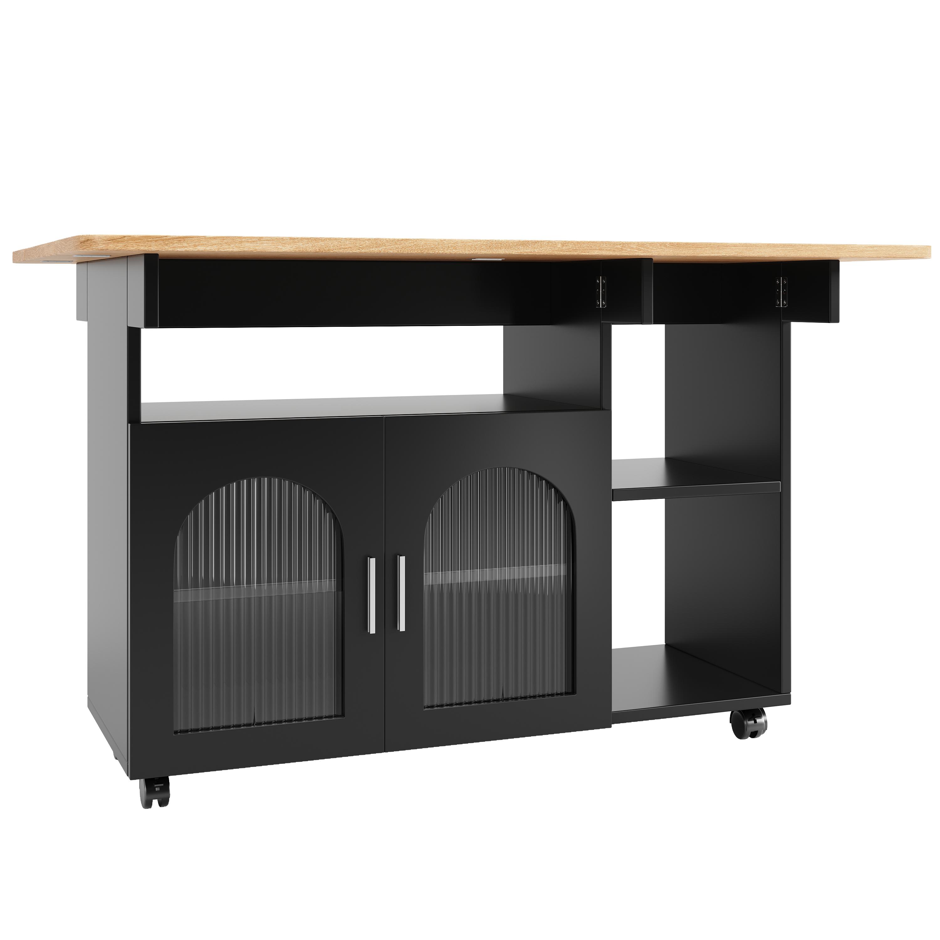 Moderne Kücheninsel, Multifunktionaler Servierwagen mit Stauraum und Glastürschränken, 120×30×79,5 cm, Schwarz+Naturfarbe