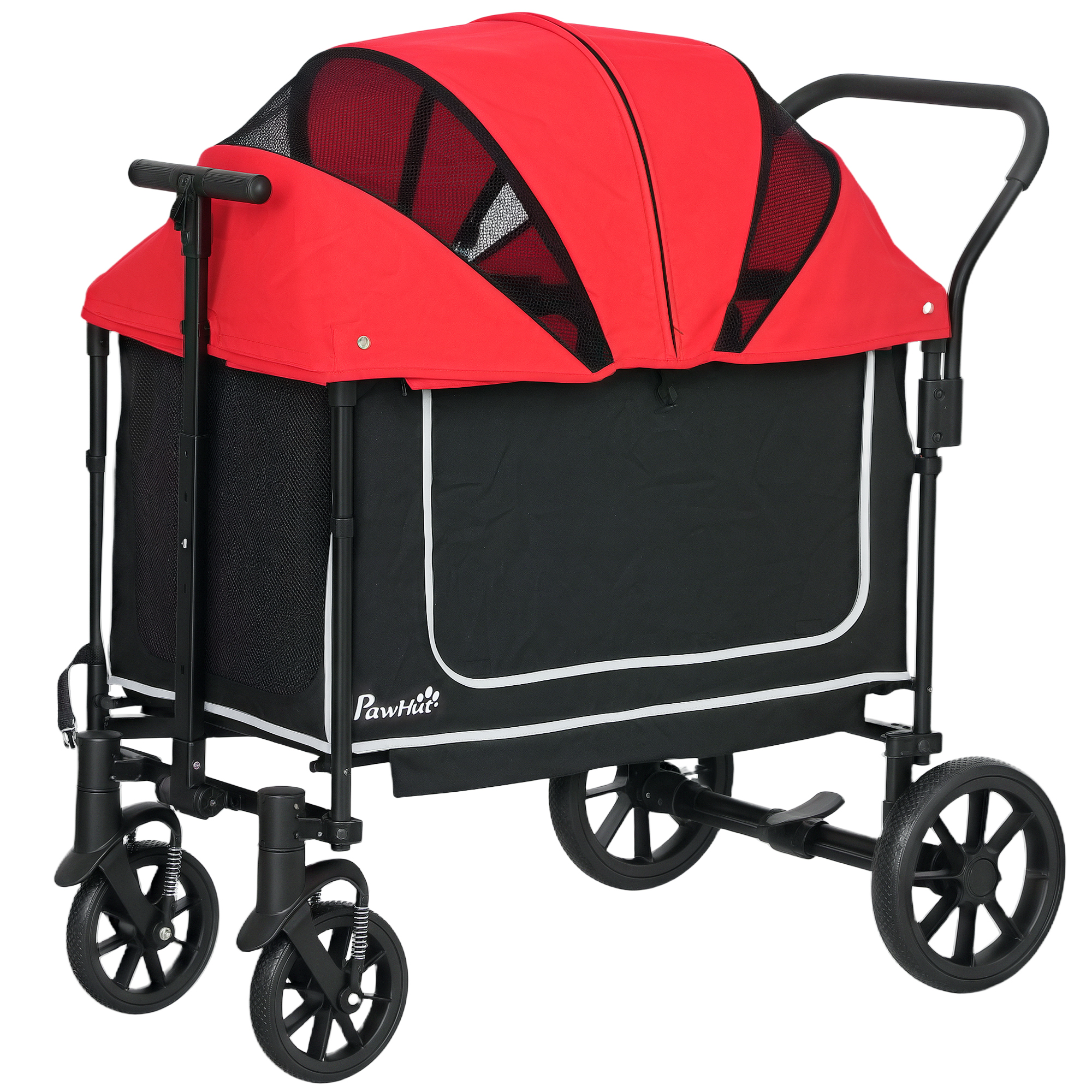 PawHut Hundewagen Hundebuggy klappbar für Hunde & Katzen bis 30 kg Katzenbuggy mit Kissen Netzfenstern 2 Türen Aufbewahrungstasche Katzenwagen Buggy Rot   Aosom