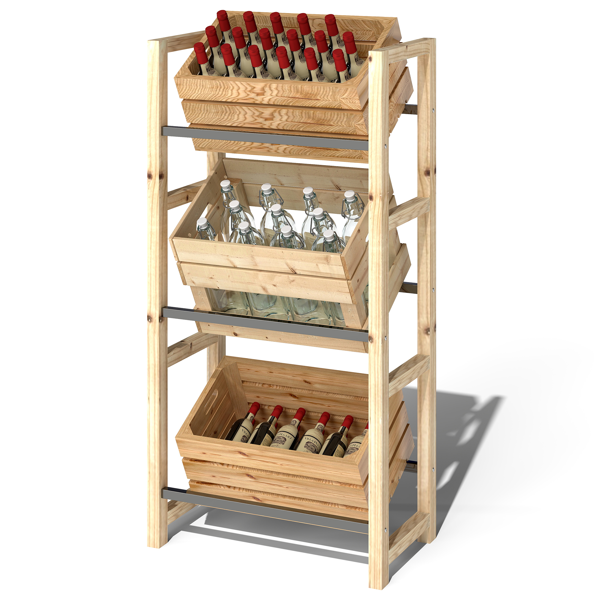 Outsunny Getränkekistenregal für 3 Getränkekisten Getränkeregal Holz Kistenregal mit 3 Ebenen freistehend Getränkekistenhalter belast 150kg Kistenständer für Bier, Wasser 56 x 32 x 112 cm Naturholz Aosom