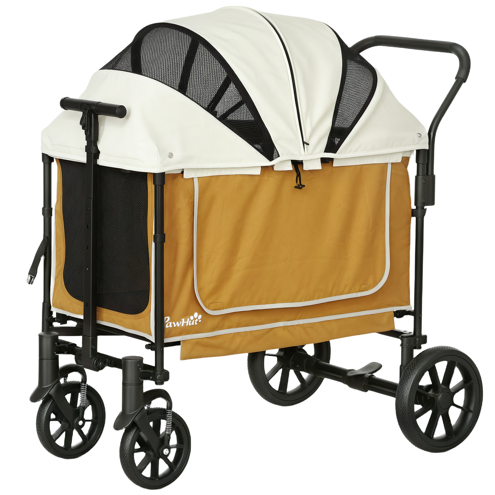 PawHut Hundewagen Hundebuggy klappbar für Hunde & Katzen bis 30 kg Katzenbuggy mit Kissen Netzfenstern 2 Türen Aufbewahrungstasche Katzenwagen Buggy Braun   Aosom