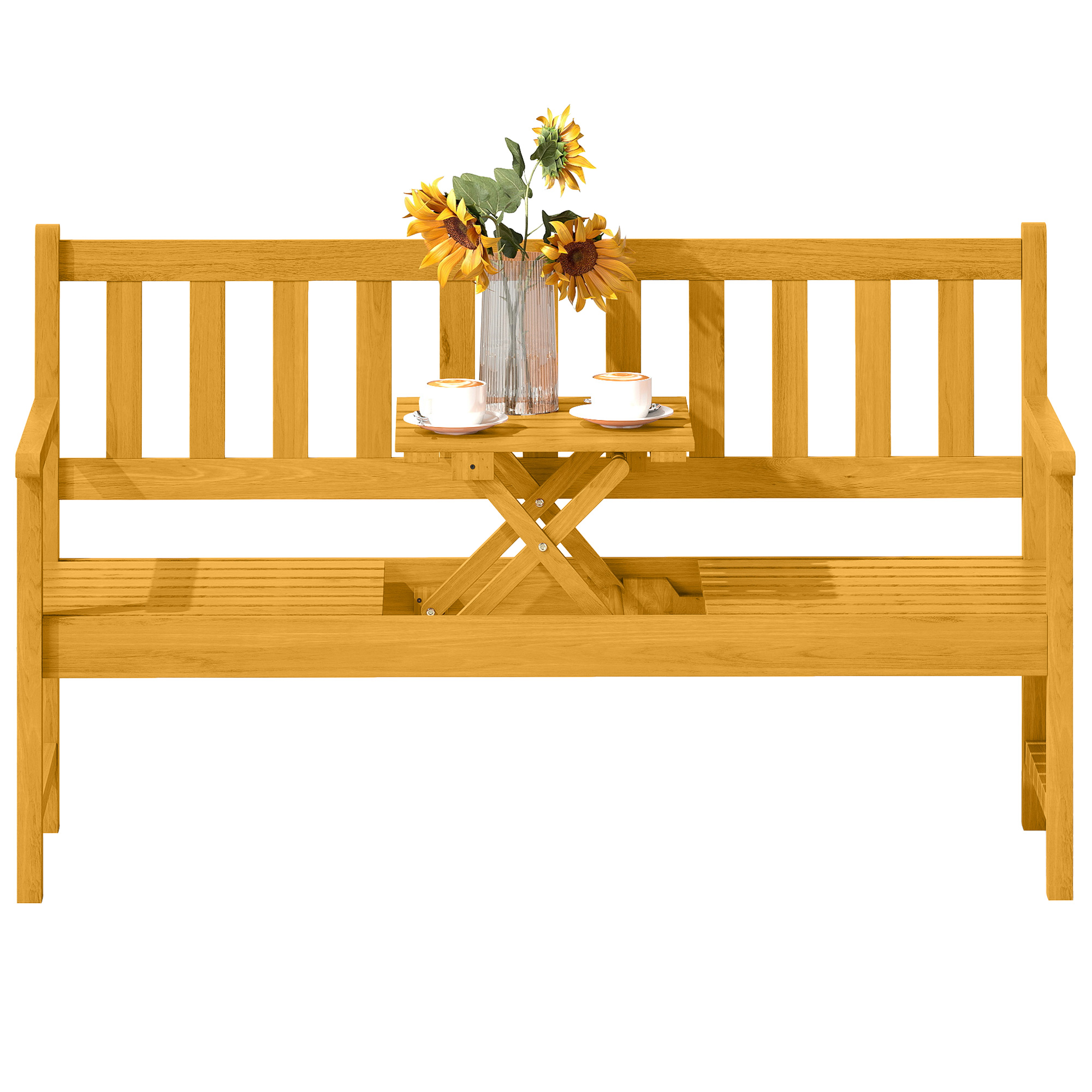 Outsunny 2-Sitzer Gartenbank Holz, wetterfest Sitzbank, Gartenmöbel mit Rücken- & Armlehnen, Klappbarer Tisch Parkbank 320kg belastbar, Balkonbank, Holzbank für Balkon, Garten, 149x56,5x89cm, Teak   Aosom