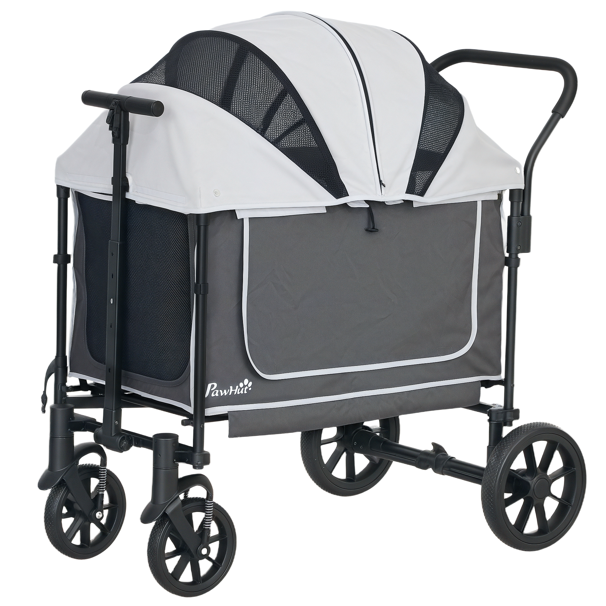 PawHut Hundewagen Hundebuggy klappbar für Hunde & Katzen bis 30 kg Katzenbuggy mit Kissen Netzfenstern 2 Türen Aufbewahrungstasche Katzenwagen Buggy Dunkelgrau   Aosom