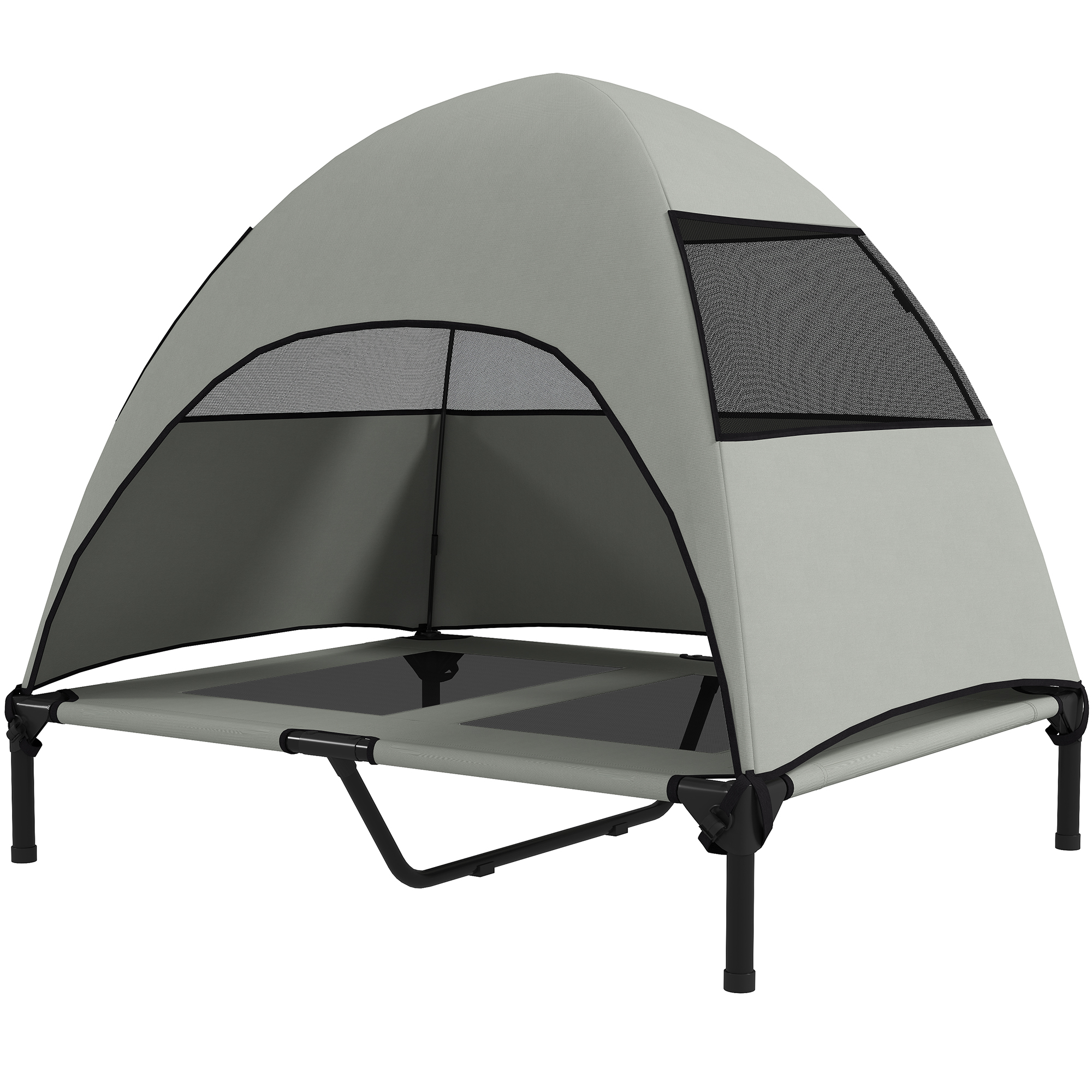 PawHut Hundeliege Outdoor mit Dach, Erhöhtes Hundebett für Große Hunde, Kühlendes Haustierliege mit Waschbares Mesh Metallrahmen Tragtasche, Haustierbett für Draußen Camping 91x76x90cm, Hellgrau Aosom