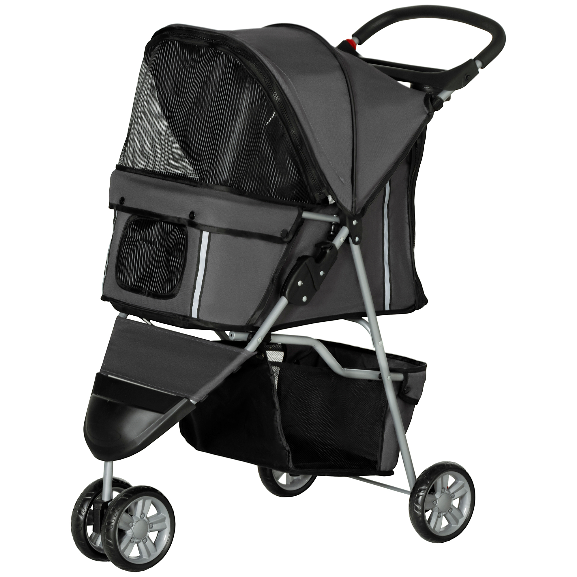 PawHut Hundewagen Hundebuggy klappbar für Hunde & Katzen bis 10 kg Katzenbuggy mit Kissen Netzfenstern Getränkehalter Aufbewahrungstasche Katzenwagen Buggy Dunkelgrau   Aosom