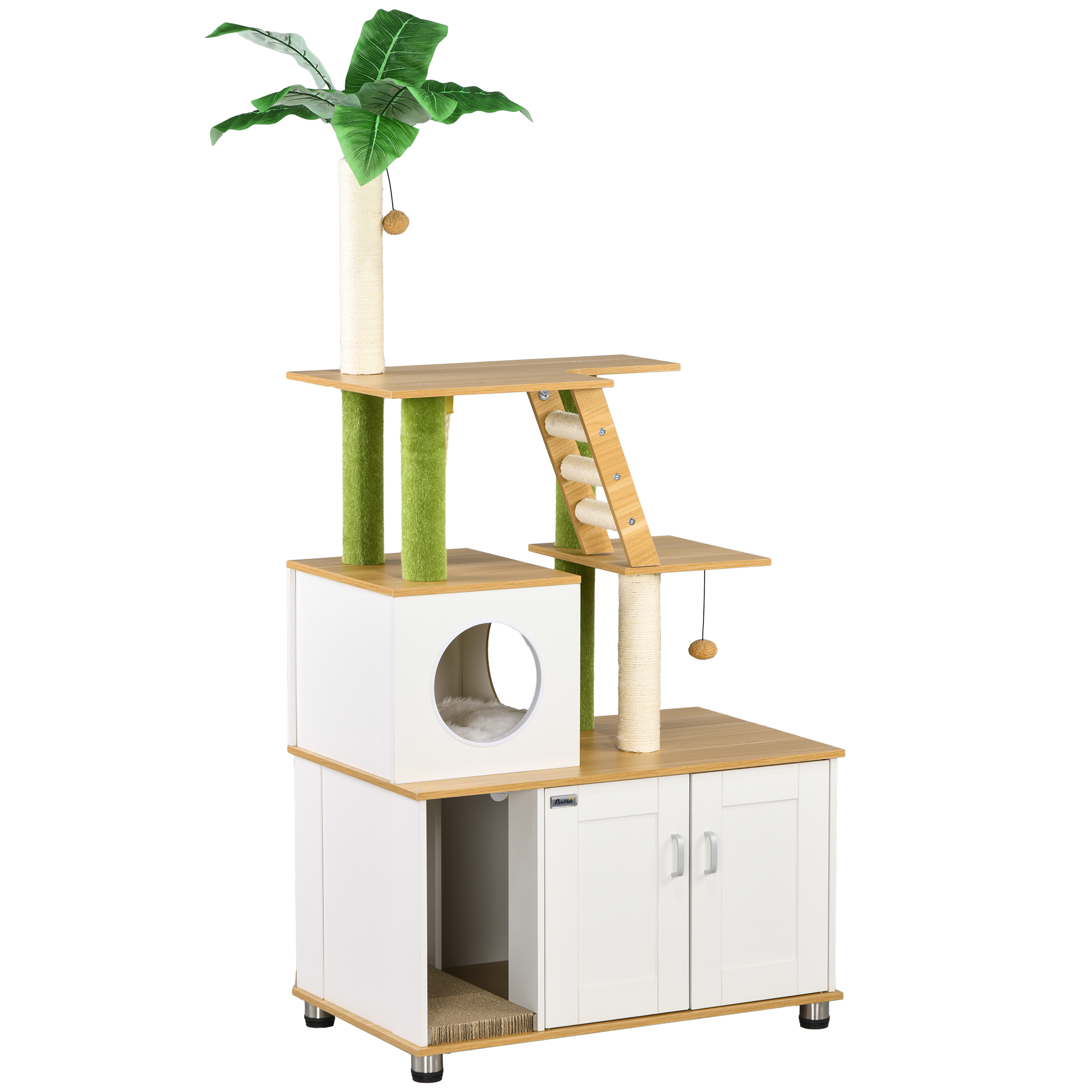 PawHut Katzenschrank für Katzentoilette, 2-in-1 Katzenbaum, 160 cm, mit Katzenhaus, Treppe, Kratzstamm, Spielball, Kratzmöbel mit großer Plattform, Eiche Aosom