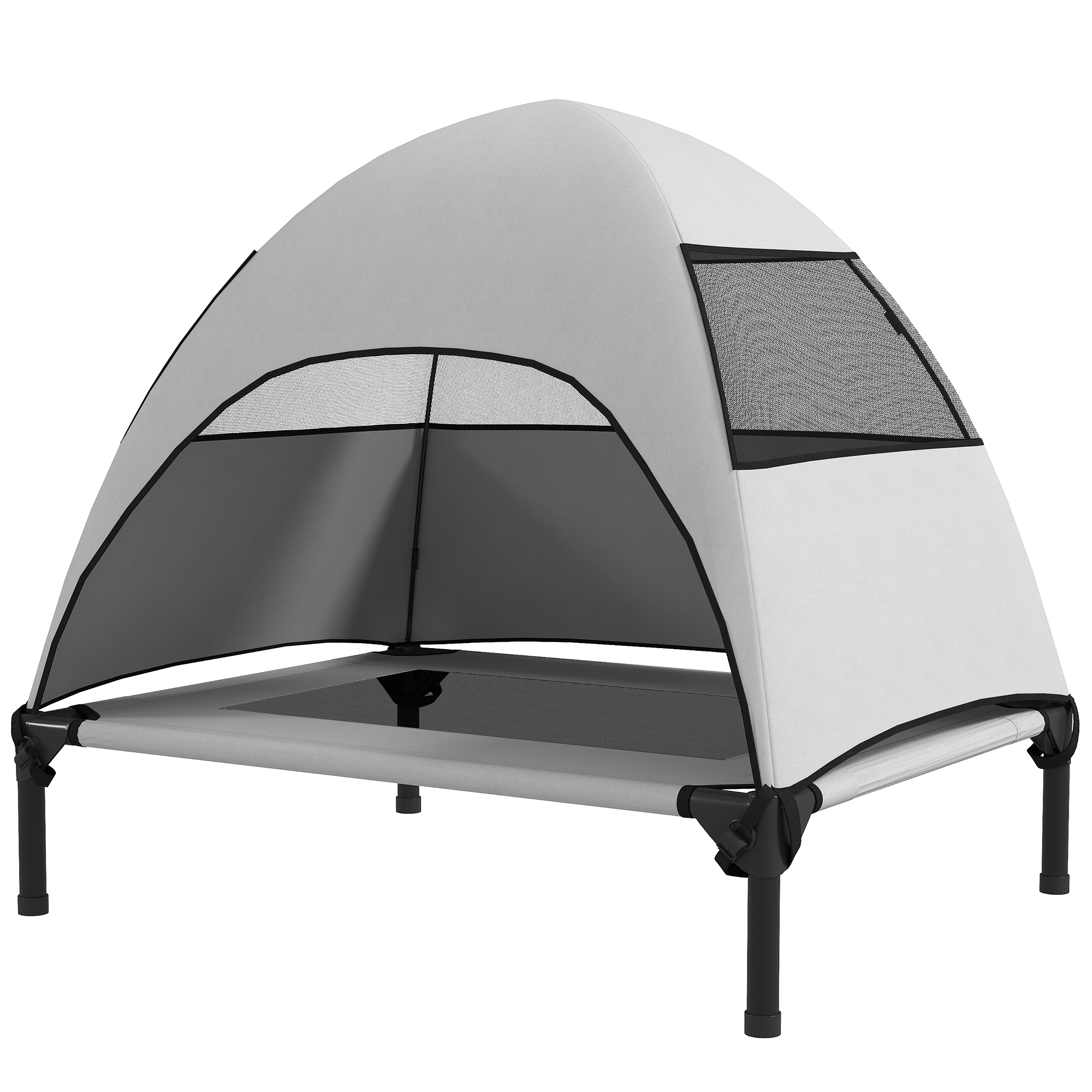 PawHut Hundeliege Outdoor mit Dach, Erhöhtes Hundebett für Mittelgroße Hunde, Kühlendes Haustierliege mit Waschbares Mesh Metallrahmen Tragtasche, Haustierbett für Draußen Camping 76x61x71cm, Hellgrau Aosom