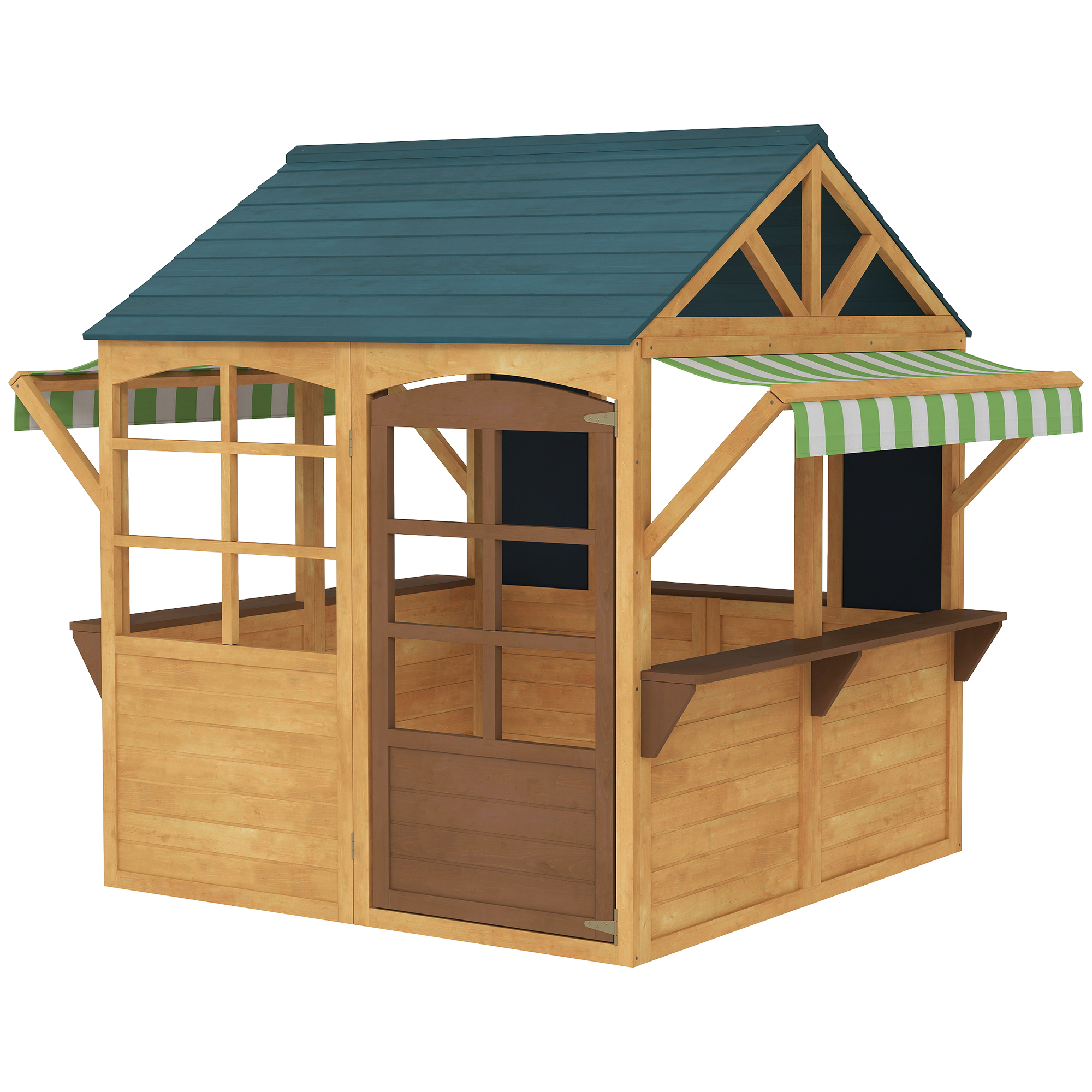 AIYAPLAY Spielhaus aus Holz Faltbar Kinderspielhaus Outdoor mit Fenstern, Tür, Fensterbank, Regenkappen, Kinderhaus, Gartenhaus für Kinder 3-8 Jahre   Aosom