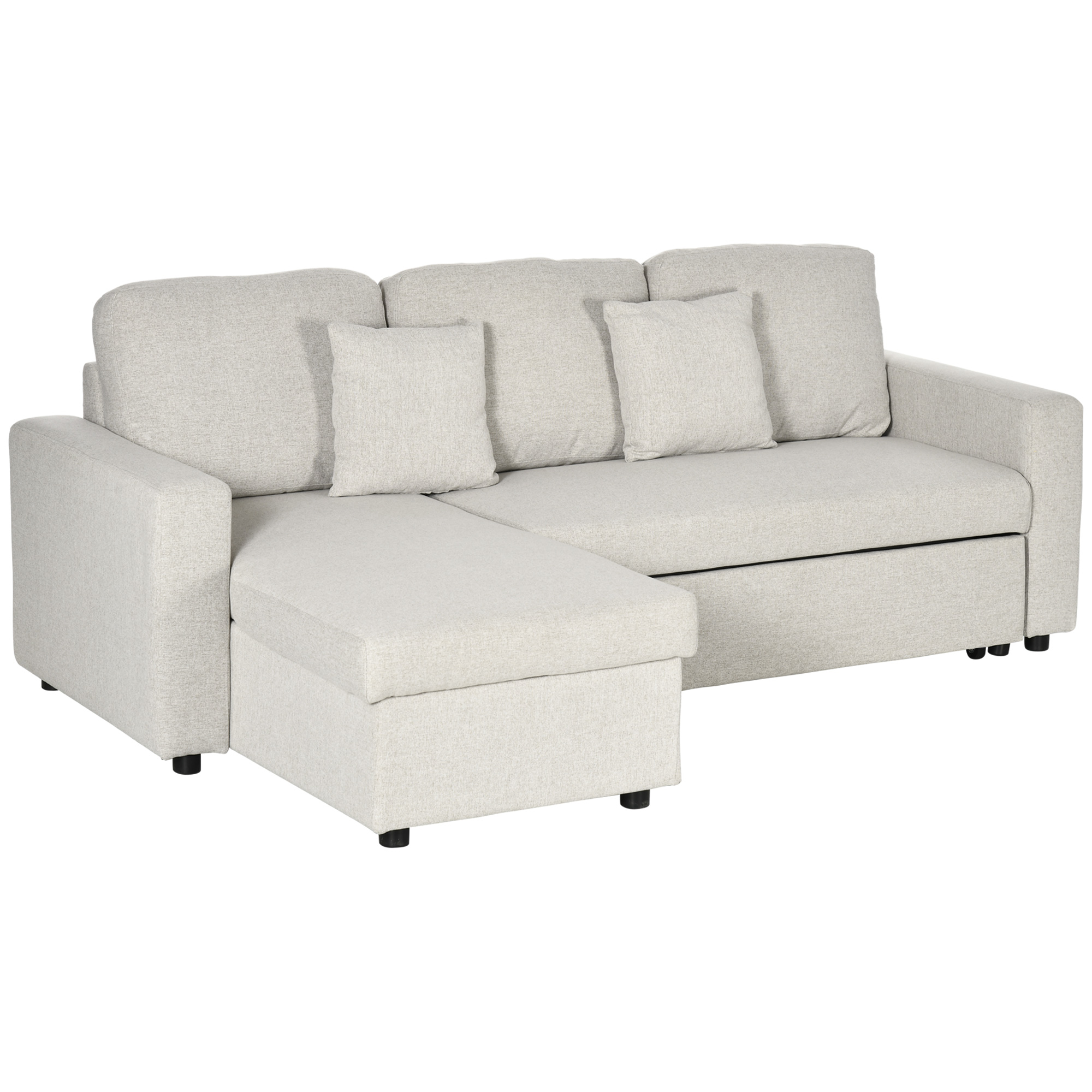 HOMCOM Ecksofa mit Bettfunktion, Eckcouch inklusive 2er-Sitz Sofa, Einzelbett, L-Form Schlafsofa mit Stauraum, 2 Kissen im Leinenoptik für Wohnzimmer Cremeweiß   Aosom