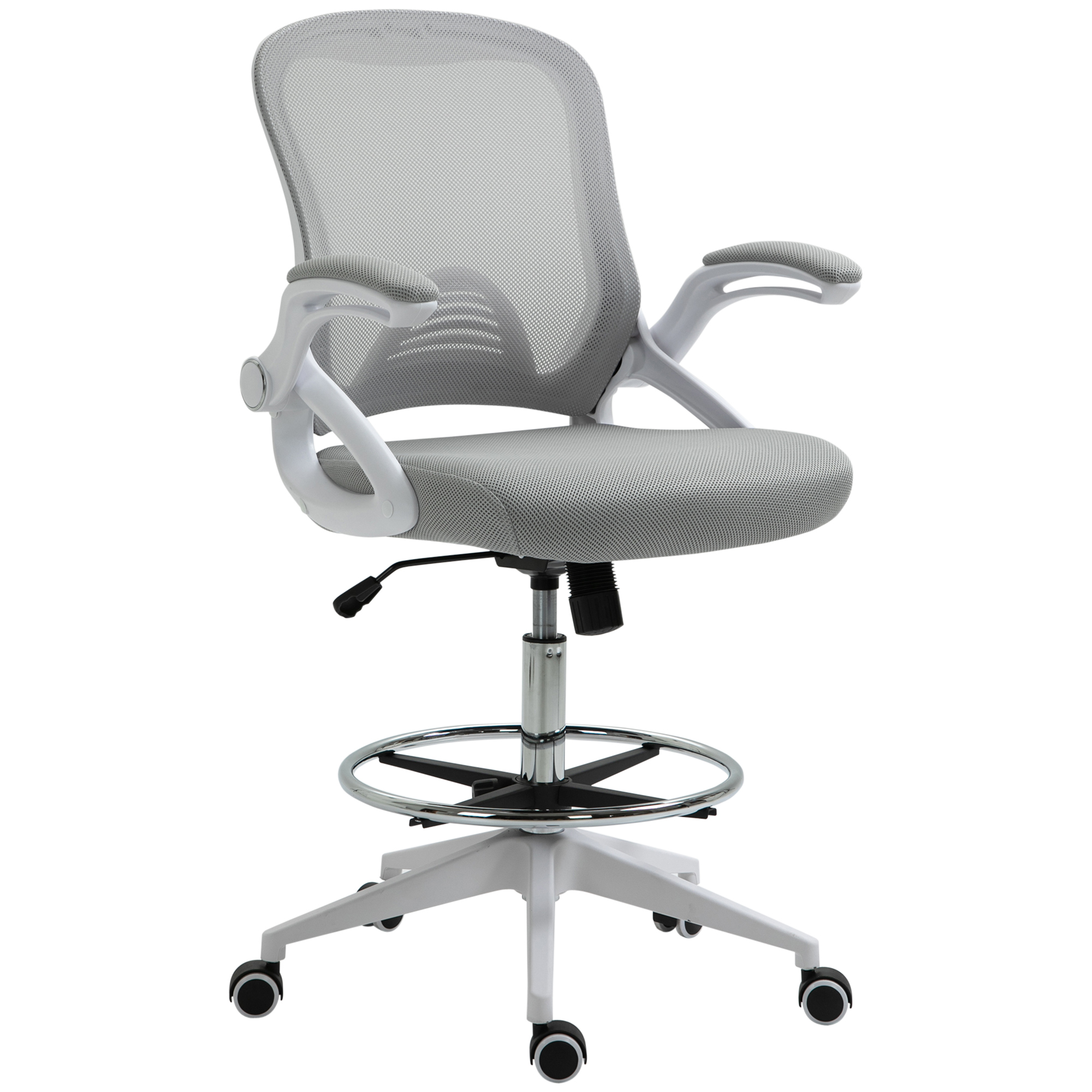 Vinsetto Bürostuhl Ergonomischer Schreibtischstuhl mit Hochklappbaren Armlehnen und Verstellbarer Fußring, Höhenverstellbarer Drehstuhl mit Wippfunktion, Netzbespannung Hellgrau Aosom