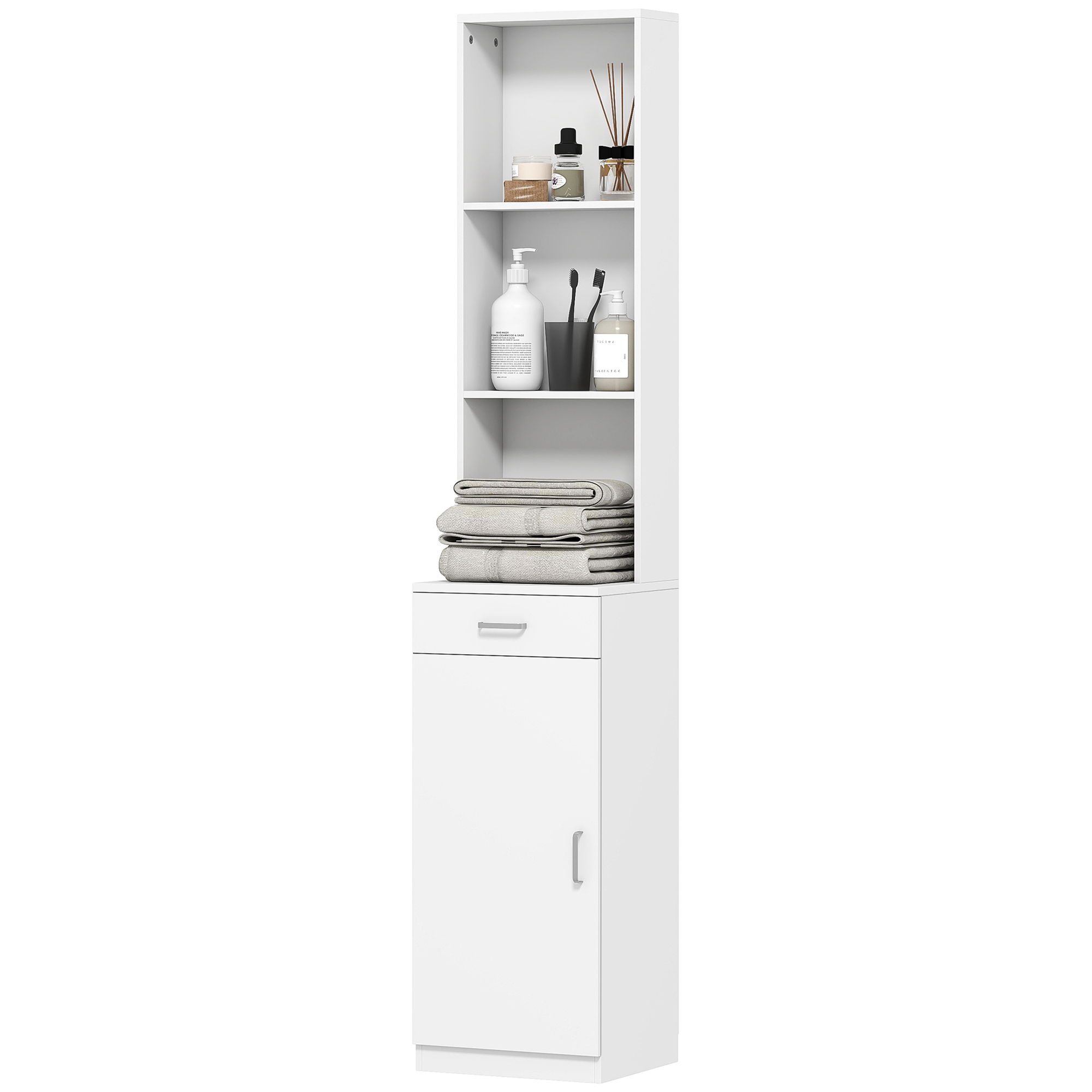 HOMCOM Badezimmerschrank hoch Badschrank Hochschrank schmal mit Schublade, Tür, Verstellbare Regale, für Badezimmer, Wohnzimmer 35 x 30,5 x 179 cm Weiß   Aosom