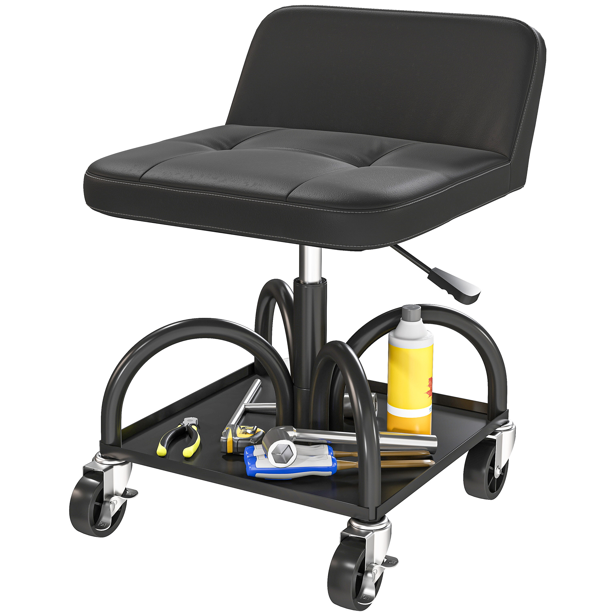 HOMCOM Werkstatthocker mit Rollen Ablagefläche, Lendenstütze, 58,5 cm hoch Rollhocker bis 135 kg belastbar Arbeitshocker Rollsitz Werkstattsitz für Werkstatt Schwarz   Aosom