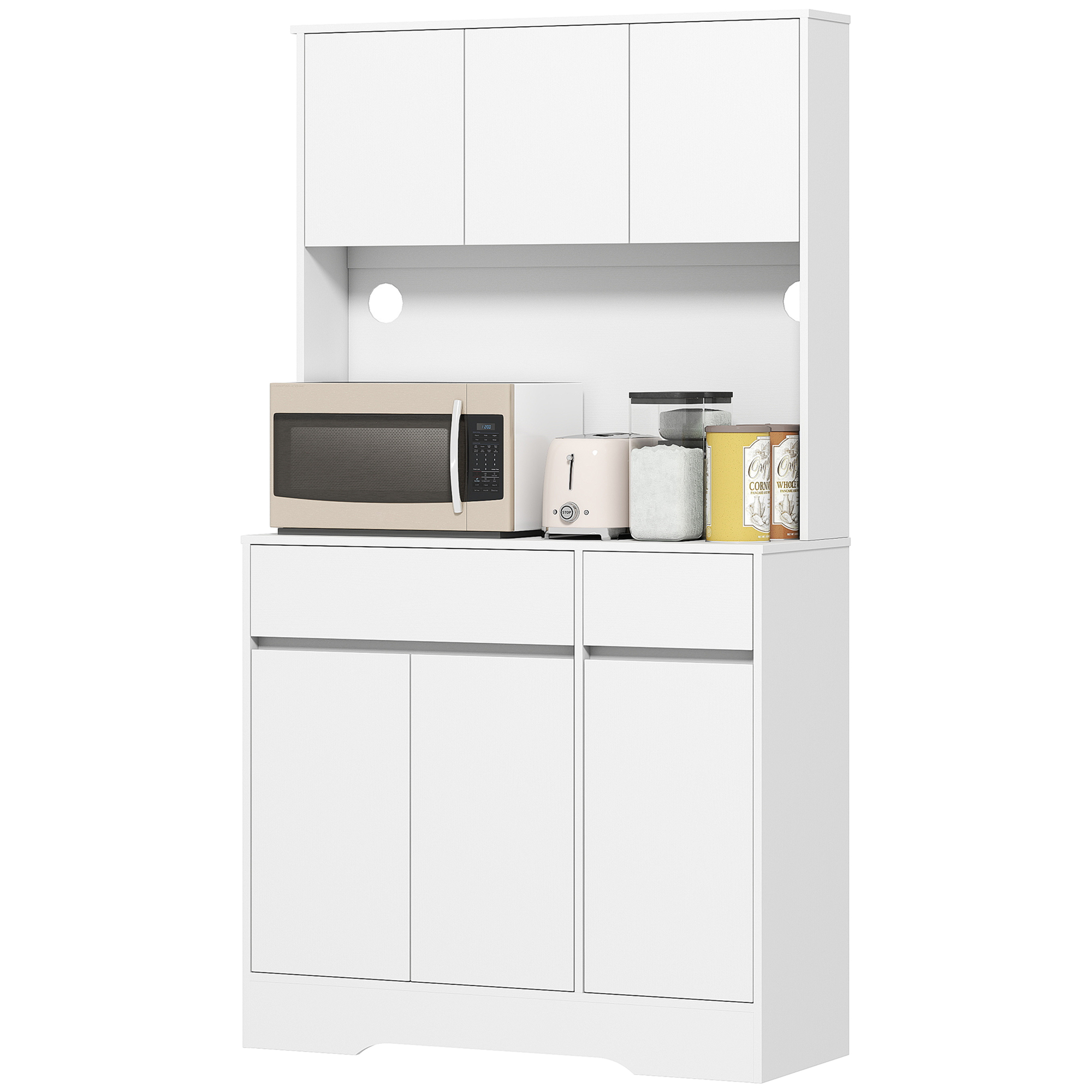 HOMCOM Küchenschrank Buffetschrank mit Arbeitsplatte, 6 Türen, Hochschrank mit Verstellbaren Einlegeböden, Kabellöchern, Mikrowellenschrank Moderner Vorratsschrank, Weiß, 100 x 38 x 180 cm   Aosom