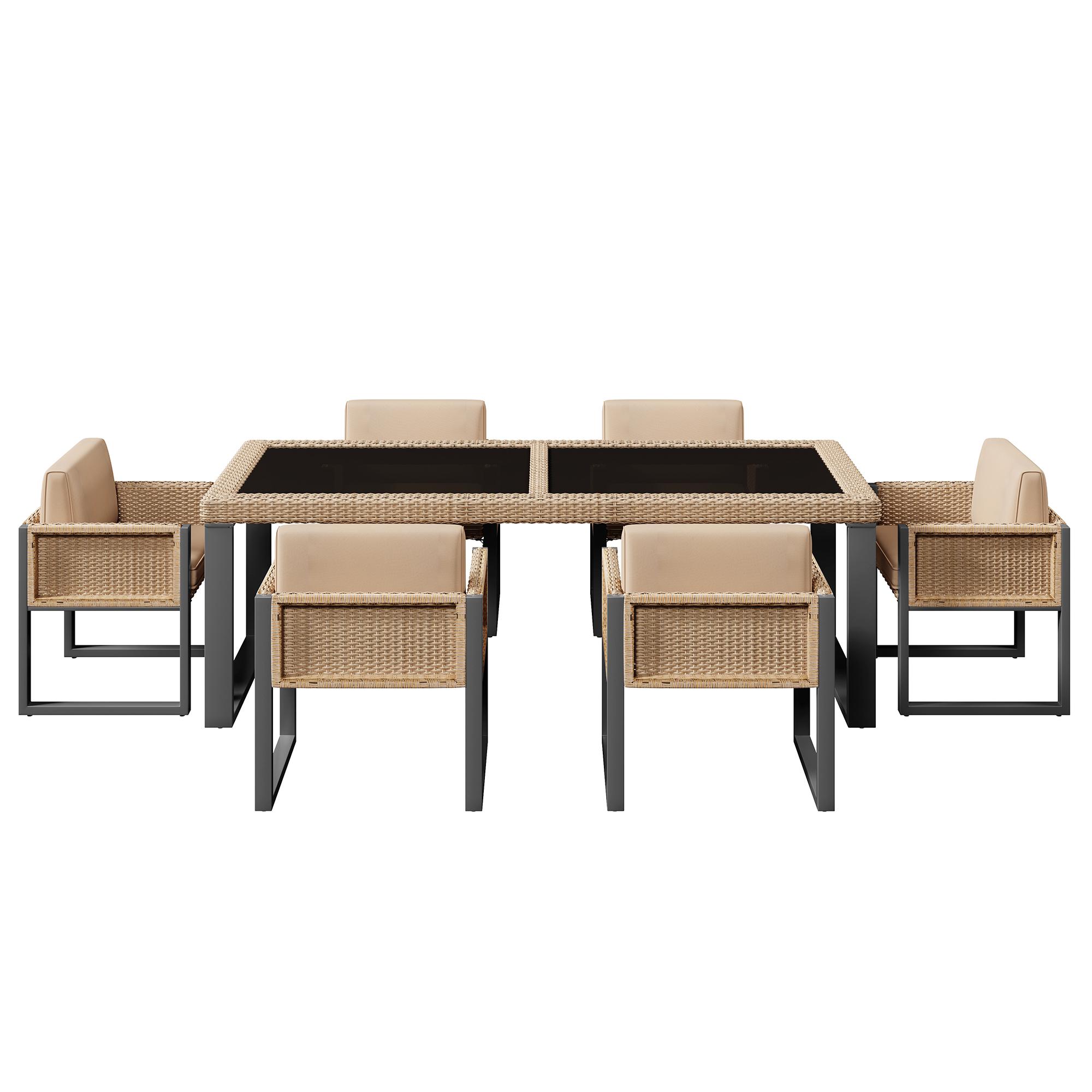 Rattan Tisch- und Stuhlset,mit 1 Tisch und 6 Stühle, Tischplatte aus Gehärtetem Glas, Braun+Schwarz
