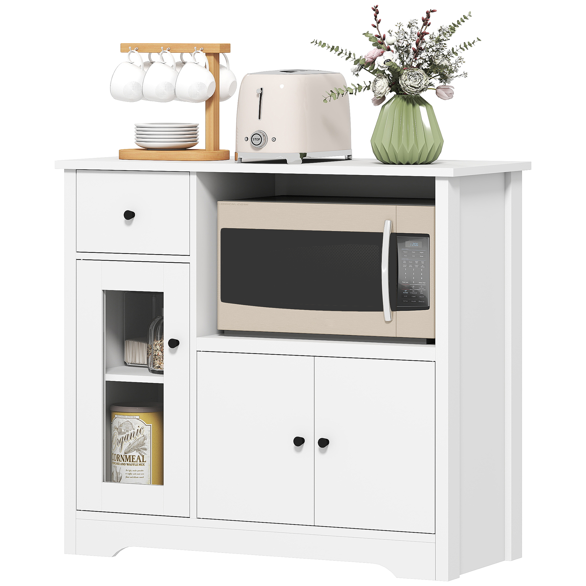 HOMCOM Küchenschrank Sideboard mit Mikrowellenregal Mikrowellenschrank mit 3 Türen, Schublade, Verstellbare Ablagen, Aufbewahrungsschrank für Küche, Esszimmer, Wohnzimmer, Weiß   Aosom