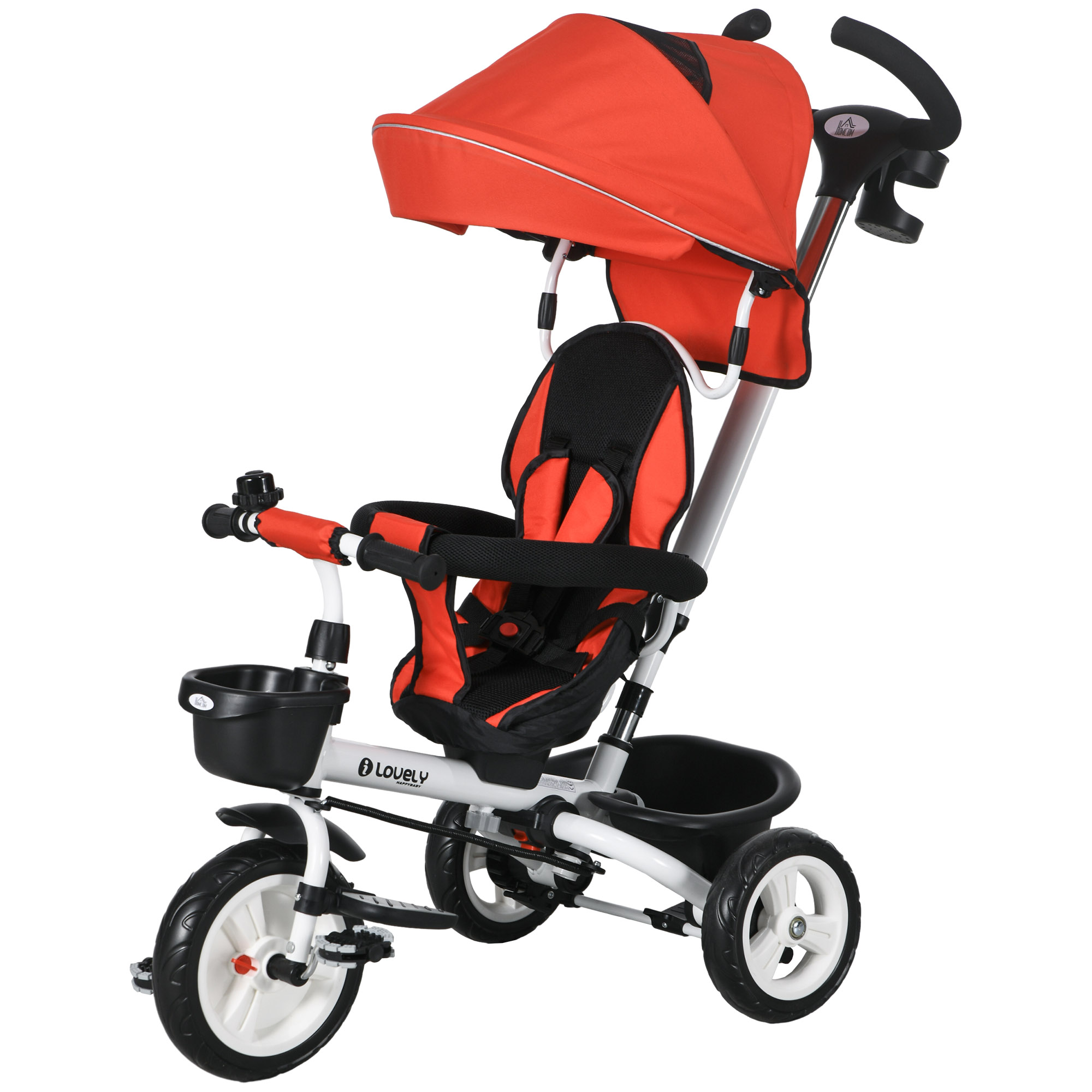 HOMCOM 6 in 1 Dreirad mit Schubstange, Kinderdreirad mit Sicherheitsgurt, Faltbar, Abnehmbar Sonnendach, Getränkehalter, Korb, Pedal, bis 25 kg, für 1-5 Jahre Kinder, Rot   Aosom