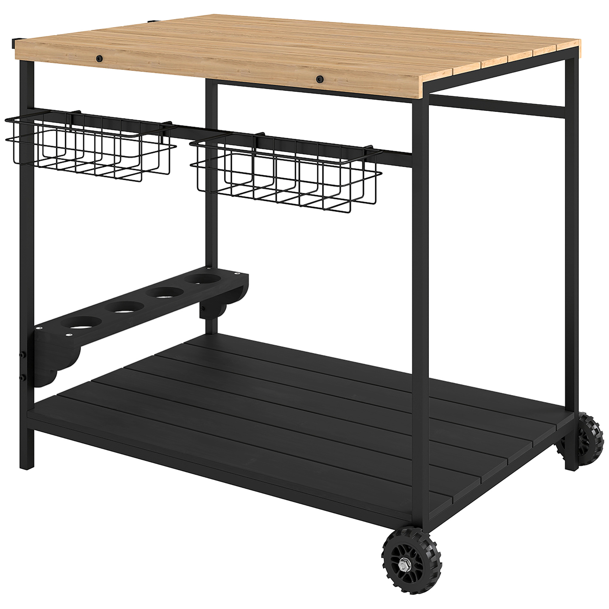 Outsunny Servierwagen Gartenrollwagen mit 2 Ebenen Barbecue Trolley mit Aufbewahrungskorb und Becherhalter aus Tanne für Grillpartys & Küche Aosom.de