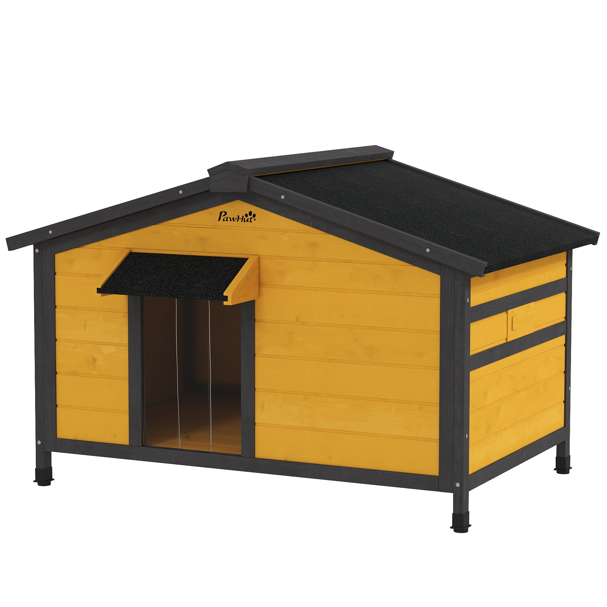 PawHut Hundehaus für Draußen Kleine Hundehütte mit Klappbarem Asphaltdach 2 Fenstern mit Türvorhang und herausnehmbarer Basis 97x72x65 cm Naturholz Aosom