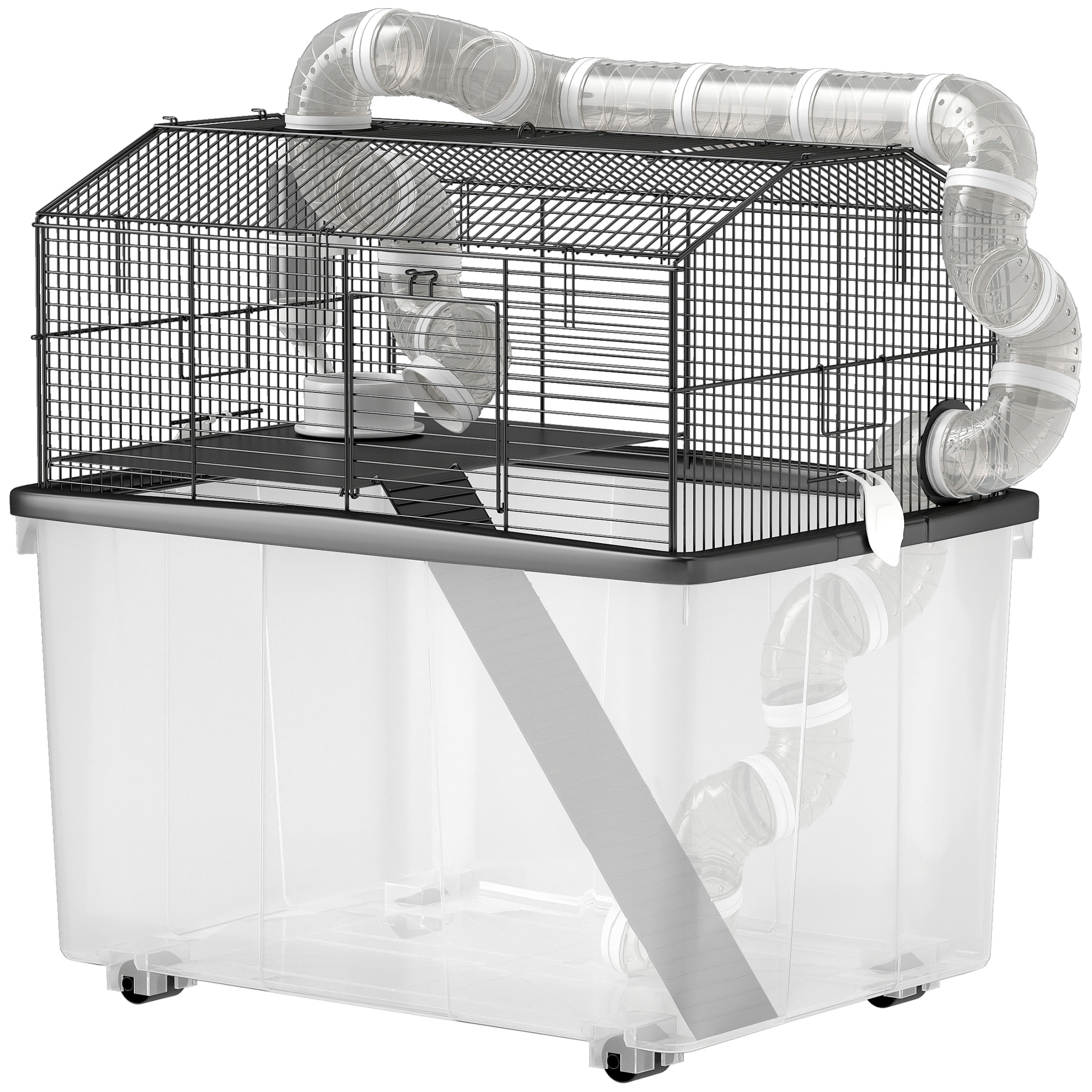 PawHut Hamsterkäfig, Hamsterkäfig mit Rampe, Futternapf, Trinkflasche, Rohrsystem, 58 x 43 x 57 cm, Schwarz   Aosom