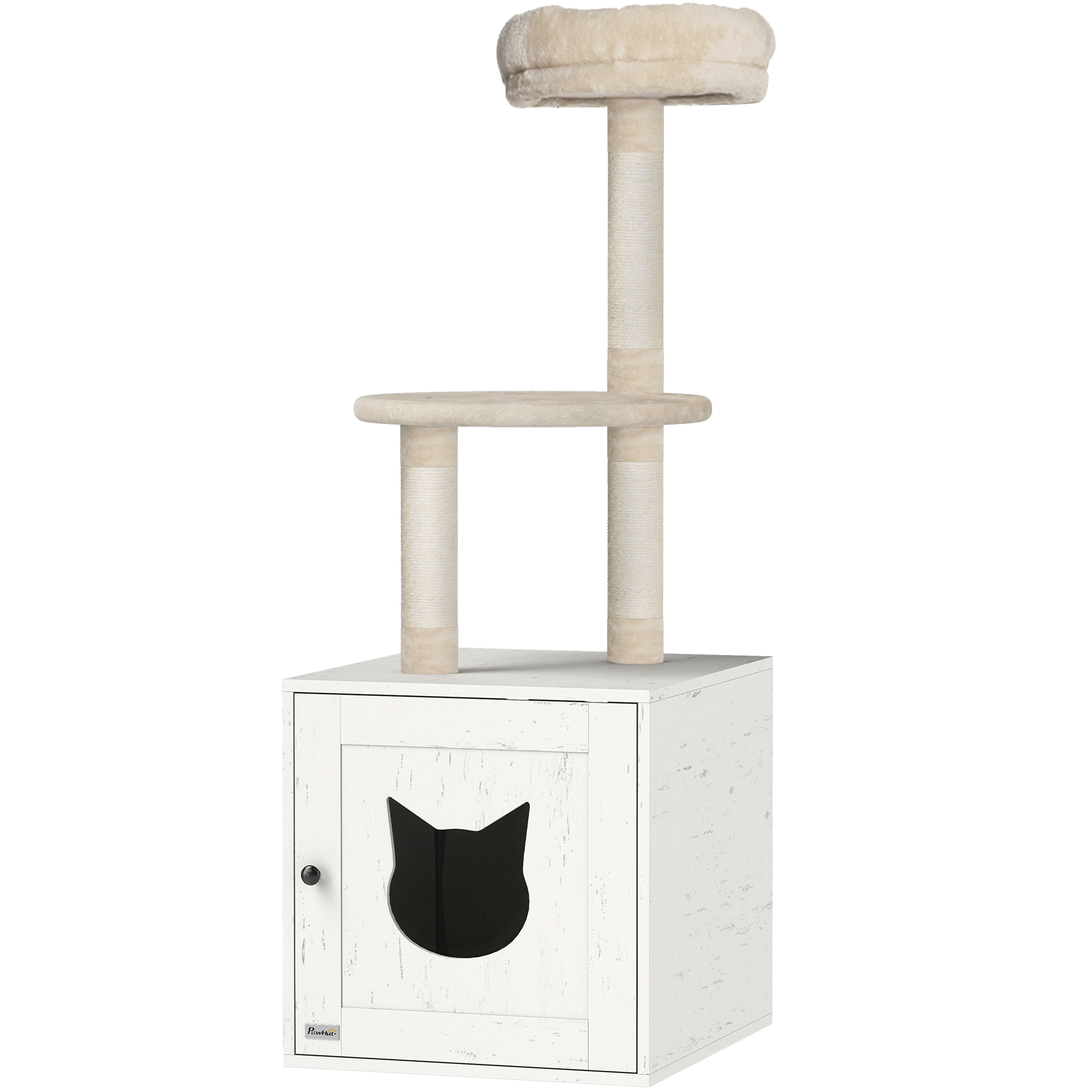 PawHut Katzenbaum mit Katzentoilette, 2-in-1 Spielzeugturm, Katzenhöhle von 129 cm mit Katzenstreuabdeckung, Kratzpfosten, Plattform, Bett, Creme   Aosom