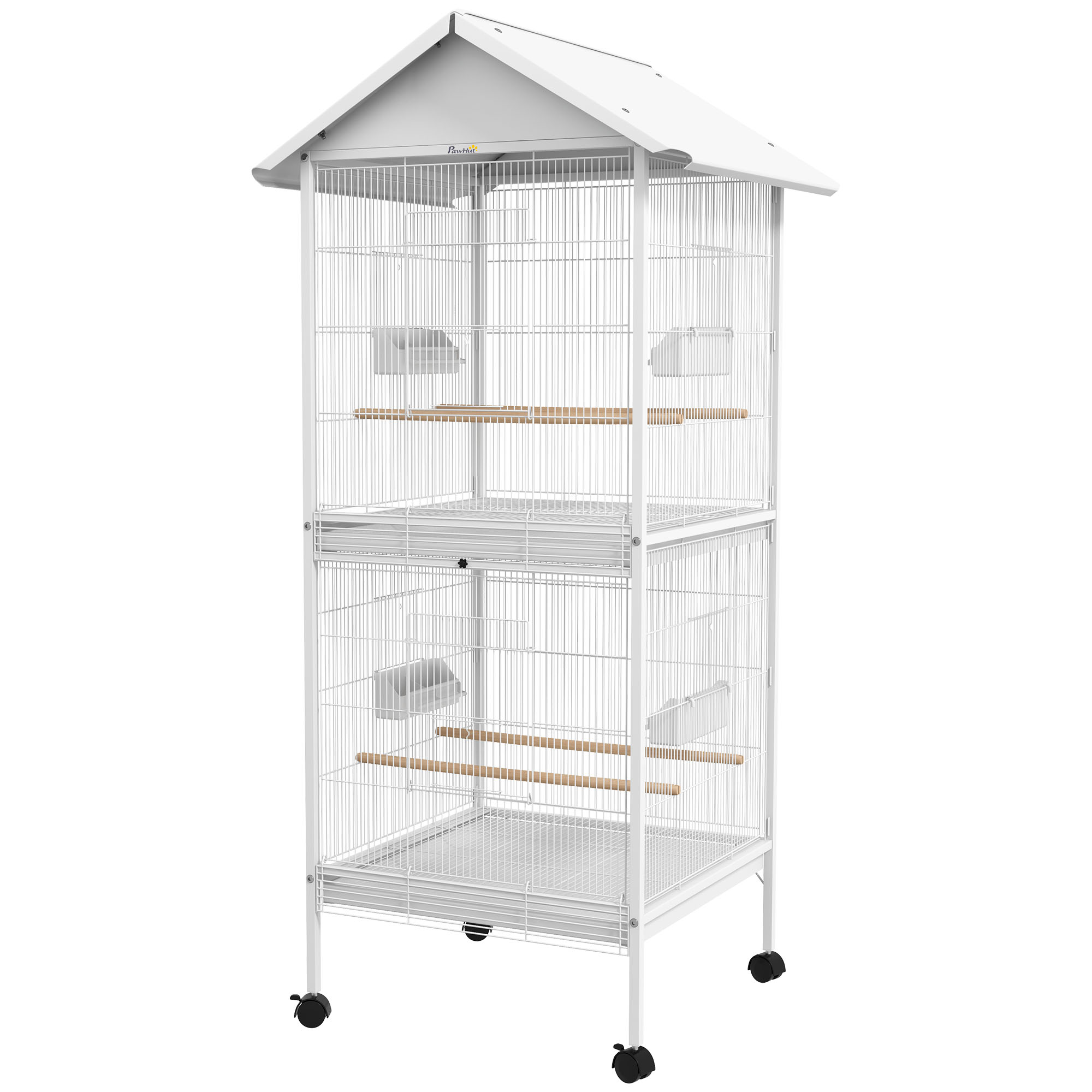 PawHut Vogelvoliere Käfig auf Rollen Designhaus Futtertröge Sitzstangen Türen Ablagen Kotwannen Metall Weiß Aosom
