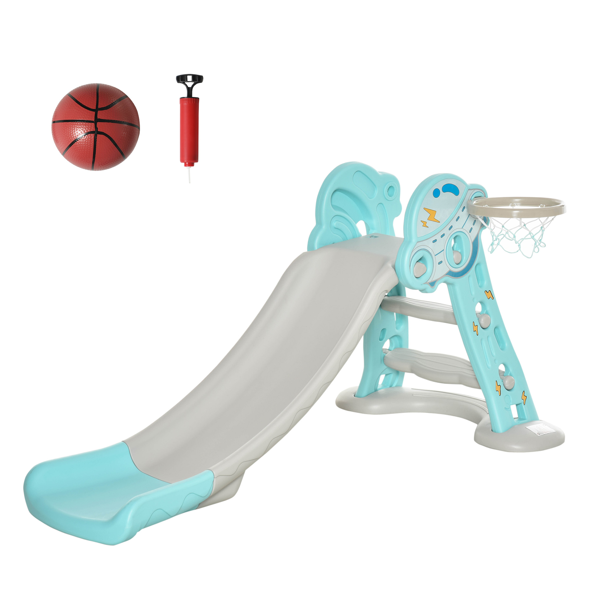 HOMCOM Kinderrutsche ab 18 Monaten faltbar mit 3 Stufen und Basketballkorb, Innen- und Außenbereich, 140x87x75cm, Blau und Grau   Aosom