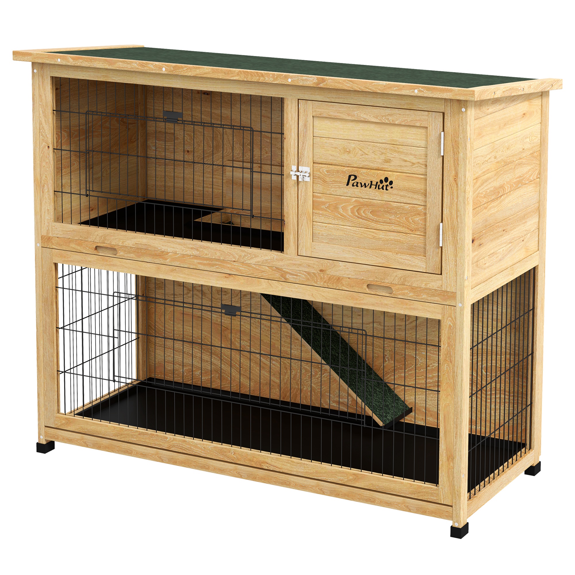 PawHut Kaninchenstall Kaninchenkäfig 2 Etagen mit 3 abschließbaren Türen herausziehbarem Tablett Rampe und Bitumendach Massivholz, 120 x 50 x 102 cm, Gelb   Aosom