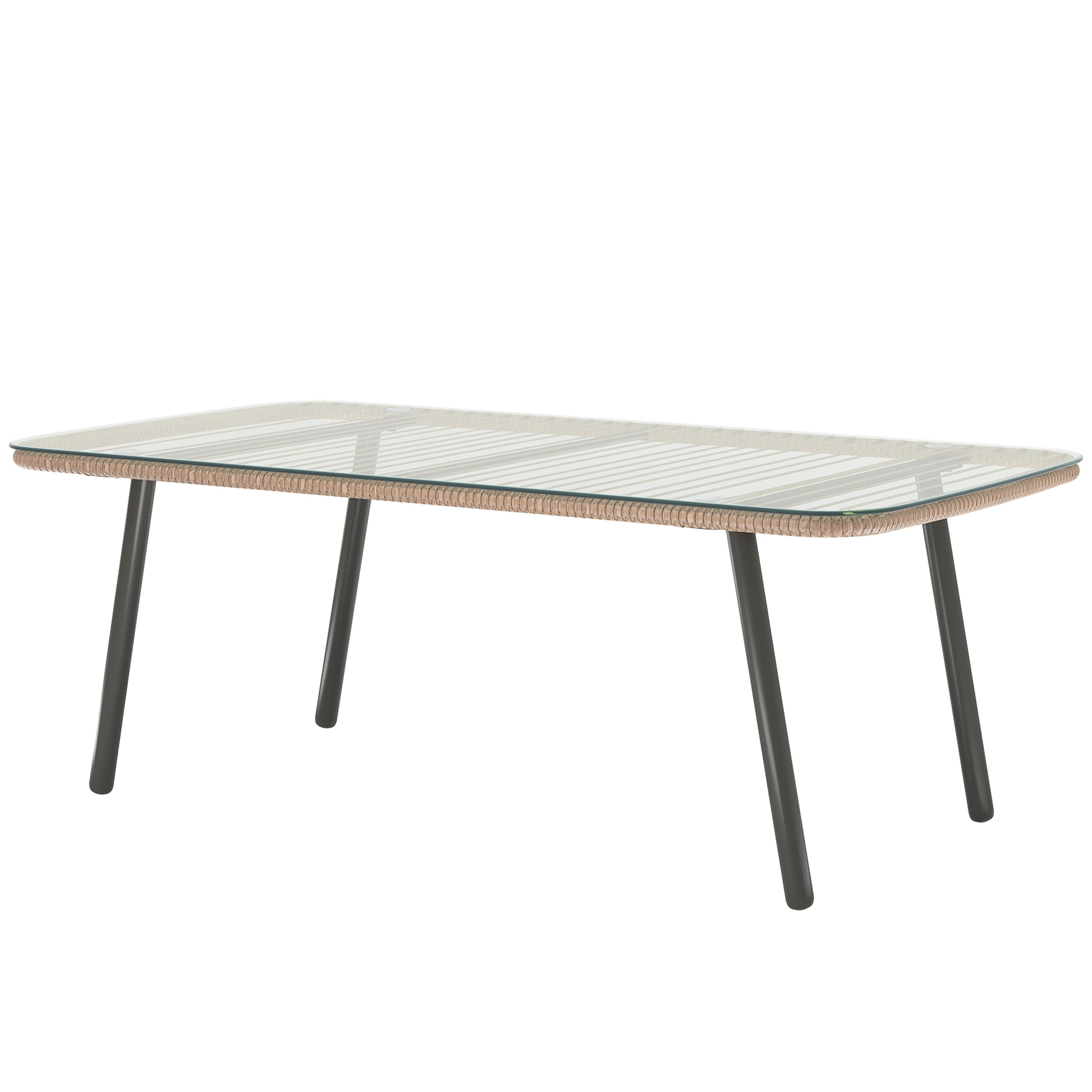 Outsunny Garten-Couchtisch aus geflochtener Kunstharz mit 5 mm dickem gehärtetem Glas-Plateau, Beistelltisch für Draußen, Garten, Terrasse, Patio, Balkon, Stahlrahmen 110 x 60 x 40 cm, natürliche Holzoptik Aosom