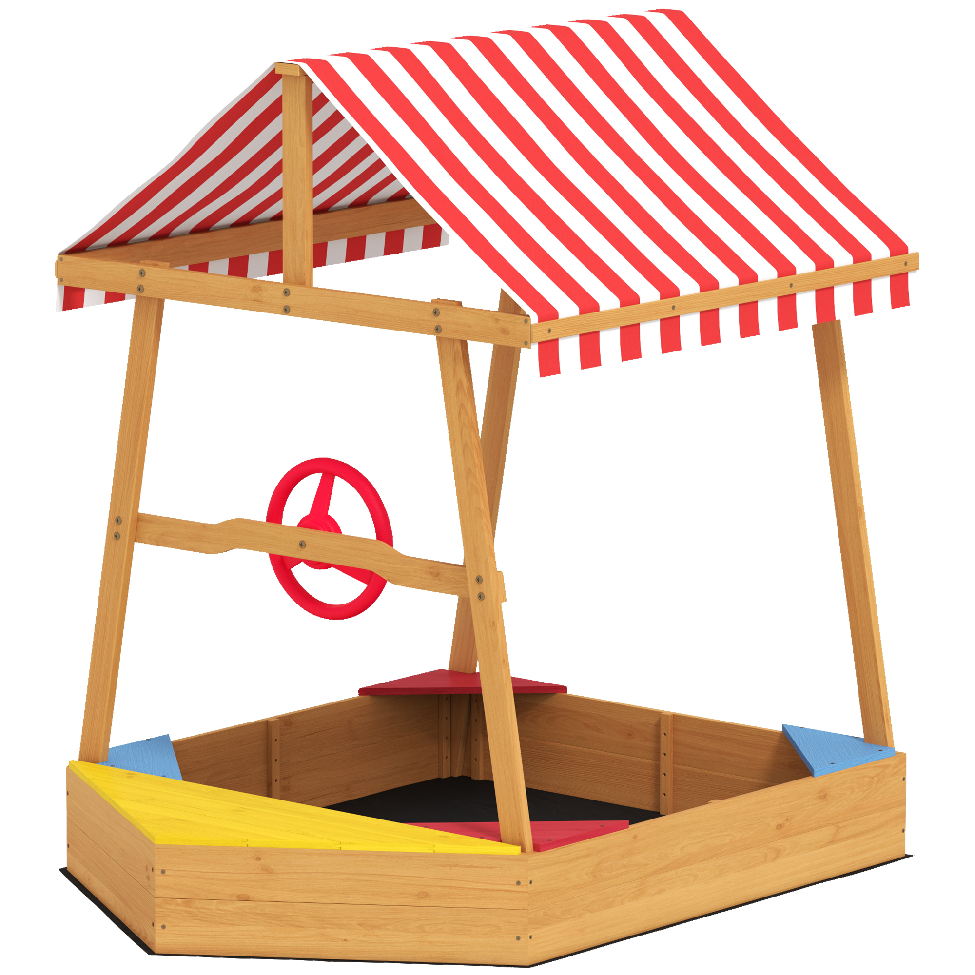 AIYAPLAY Kinder Sandkasten aus Holz, Sandkasten mit UV-Schutz Abdeckung, Bootförmig mit Sitzen, Steuerrad und Vliesstoffboden, 133 x 101 x 141 cm, gelb   Aosom