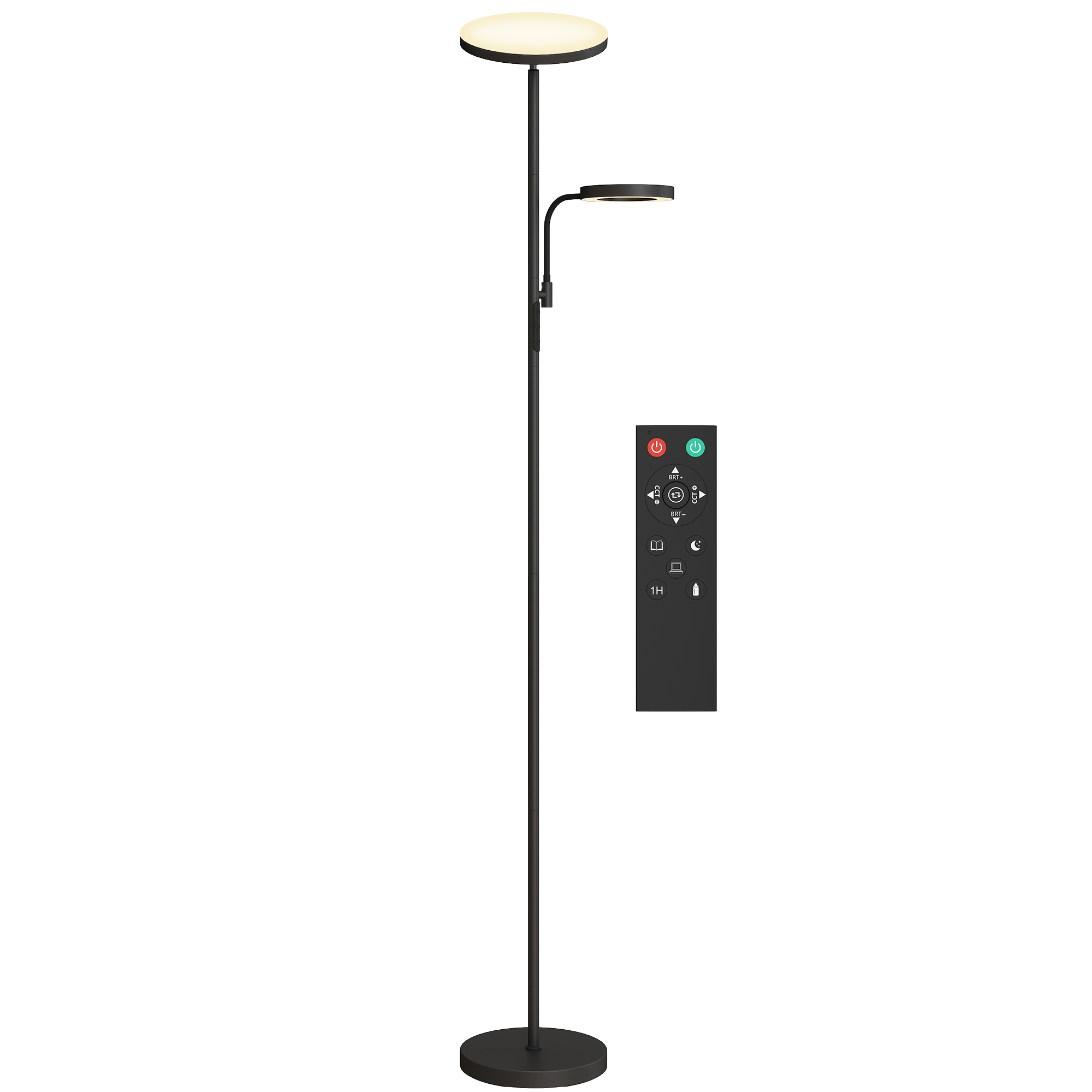 HOMCOM Stehlampe LED 42W dimmbar 2700K-6500K Stehlampen für das Wohnzimmer mit kontinuierlicher Farbvariation, 4 Szenenmodi, Fernbedienung und Touch-Steuerung, Speicherfunktion, Schwarz Aosom