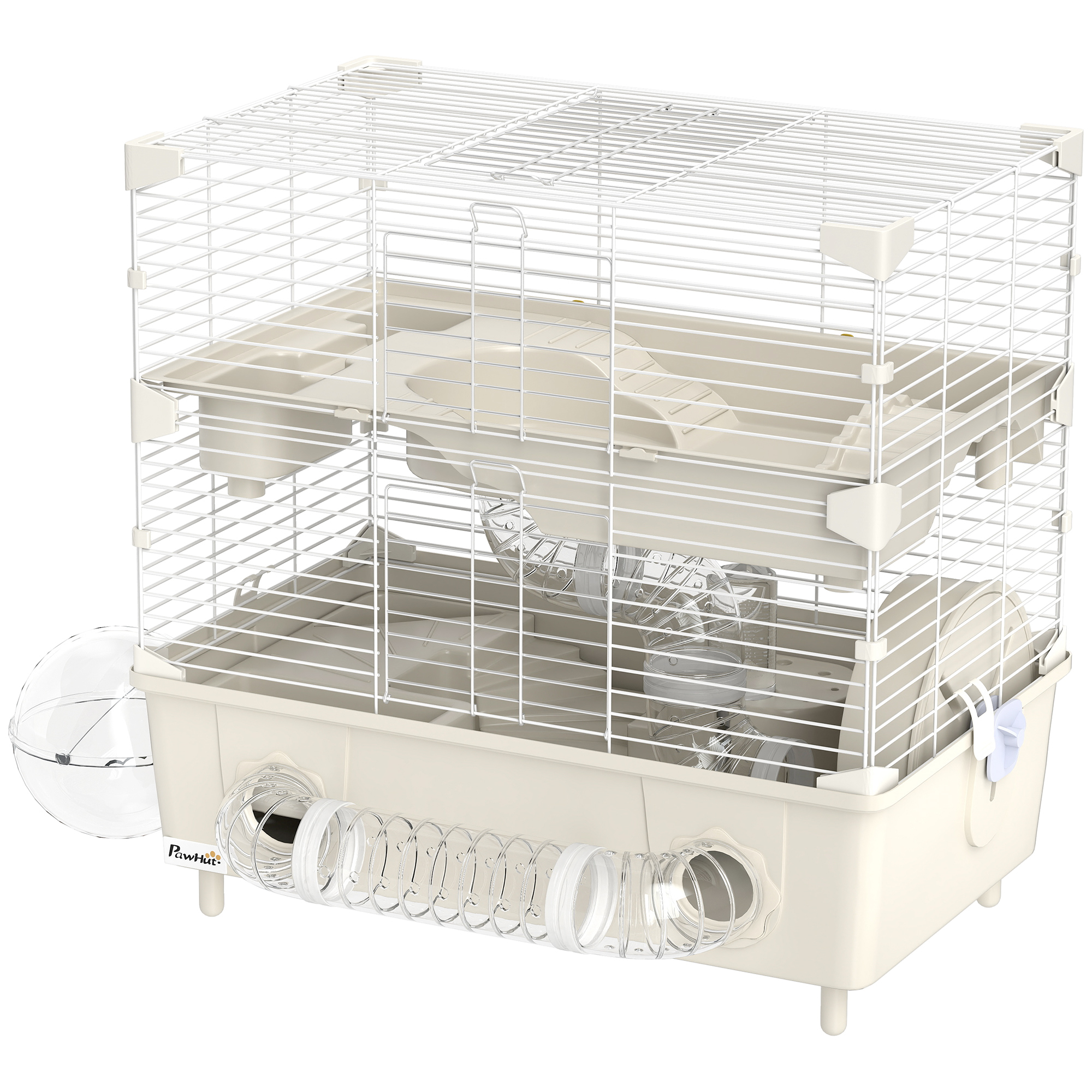 PawHut Hamsterkäfig mit 2 Ebenen und 3 Türen mit Rad, Sandbad und Spielröhren, Käfig für Tiere aus Stahl, PS und PP, 44,5x28x44 cm, Creme und Weiß   Aosom
