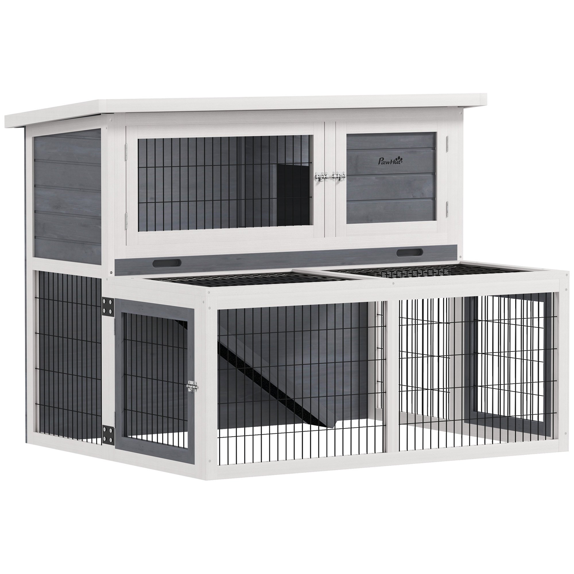PawHut Kaninchenstall für Drinnen und Draußen, Kaninchenkäfig mit 2 Etagen, für 2-3 Kaninchen mit herausziehbarer Schublade, offener Bereich und klappbares Dach, aus Tannenholz, 122x95x93,5 cm, Grau Aosom