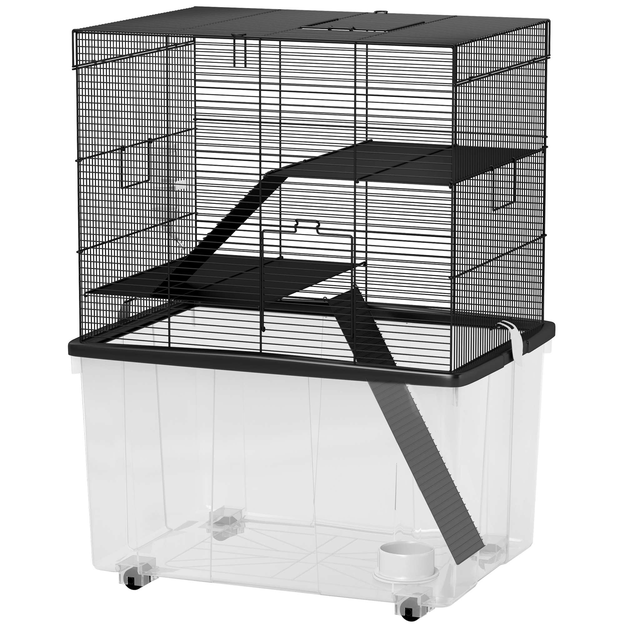 PawHut Hamsterkäfig mit 3 Ebenen und 31 cm tiefer Bodenwanne, mit Rädern, Hamsterhaus mit Rampen, Napf, Trinkflasche, 58x43x74 cm, Schwarz   Aosom