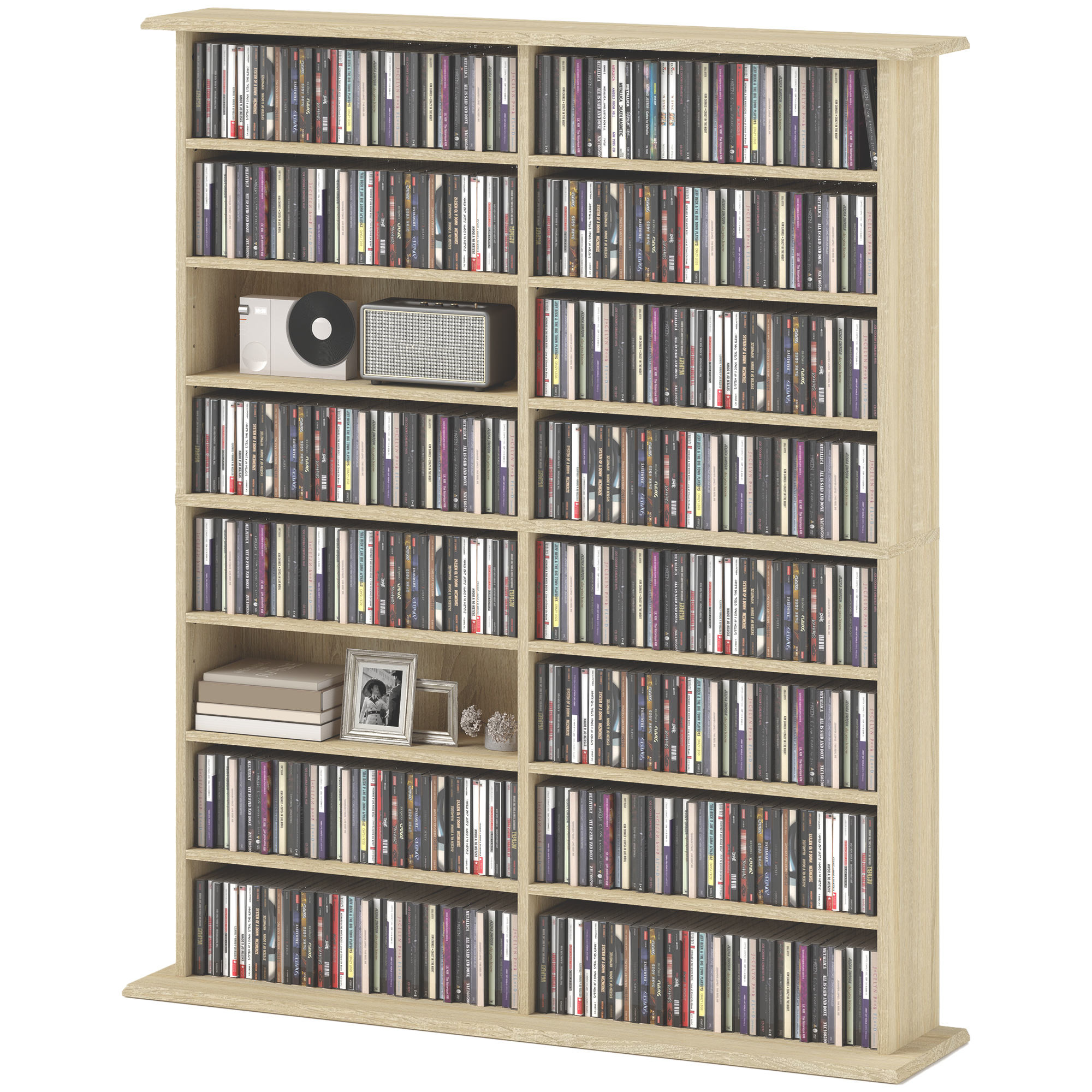 HOMCOM CD- und DVD-Aufbewahrung, Multimedia-Aufbewahrungsregal mit 16 Fächern und 12 verstellbaren Regalen, max. Kapazität 720 CD/396 DVD und Blu-ray, 106,5 x 24 x 123,7 cm, Naturholz Aosom