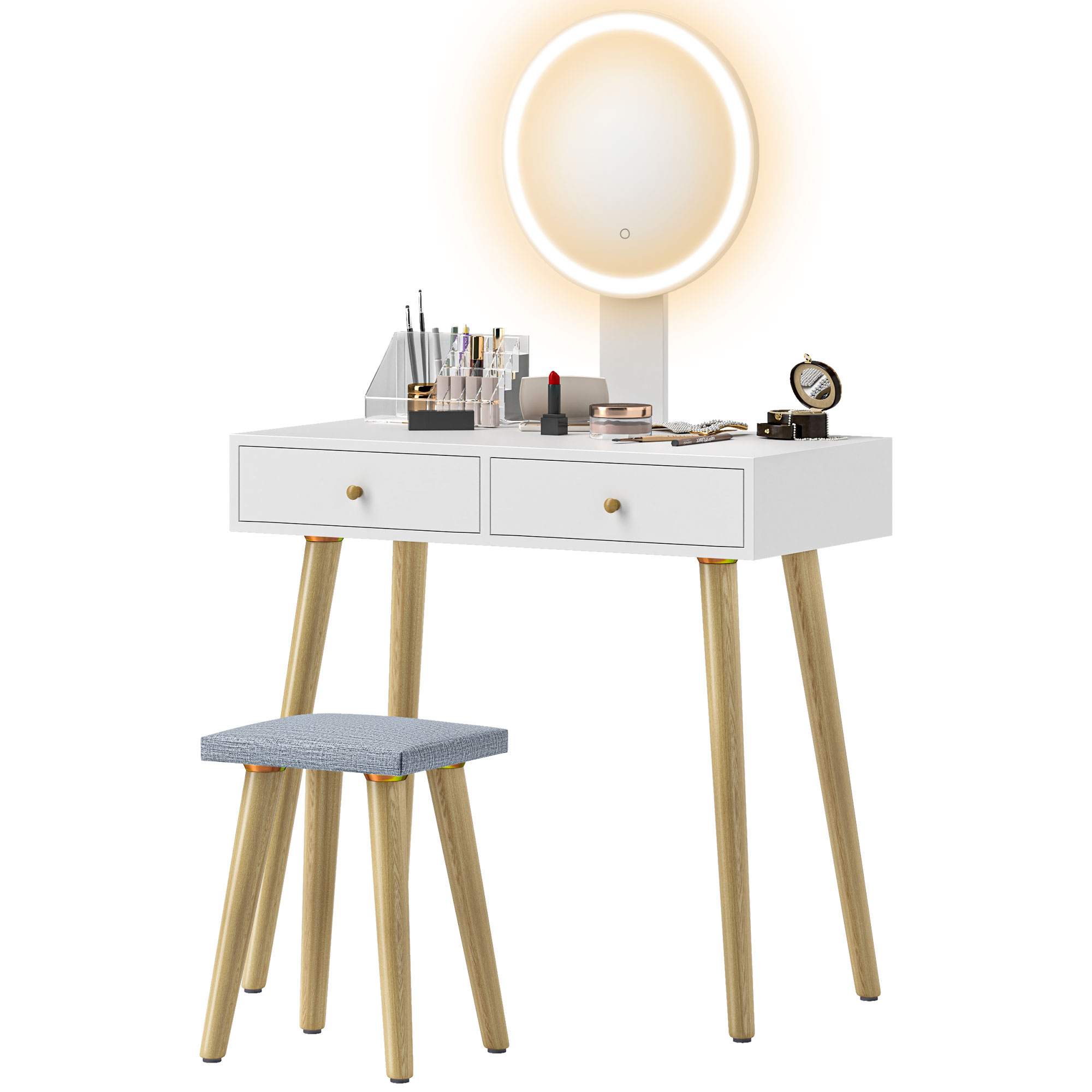 HOMCOM Schminktisch mit Spiegel und Hocker, Schminktisch mit LED-Spiegel und 3 einstellbaren Farben, gepolsterter Hocker, 2 Schubladen und Aufbewahrungsorganisator, weißer Schminktisch   Aosom