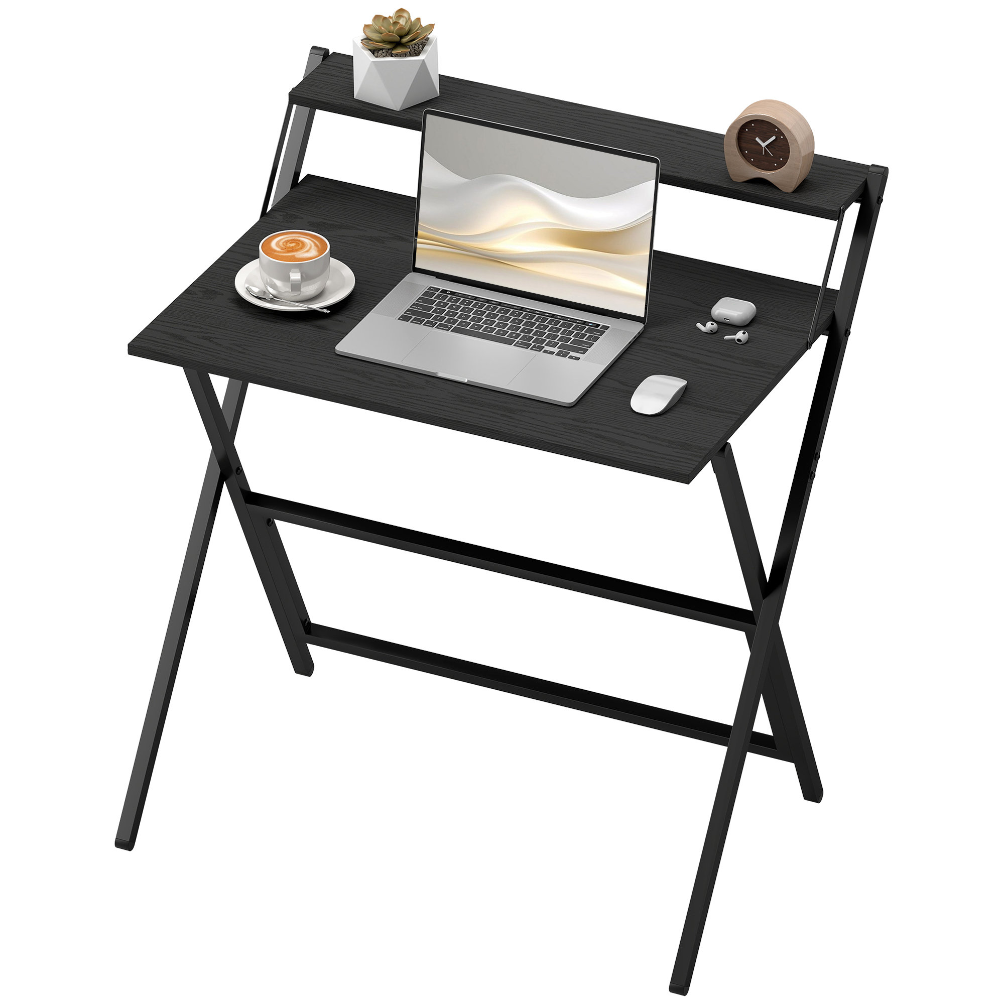 HOMCOM Schreibtisch Platzsparend Klappbar mit Monitorregal, Computertisch Klein und Klappbar für Büro und Studium, aus Edelstahl, 81,5x62x86,5 cm, Schwarz   Aosom