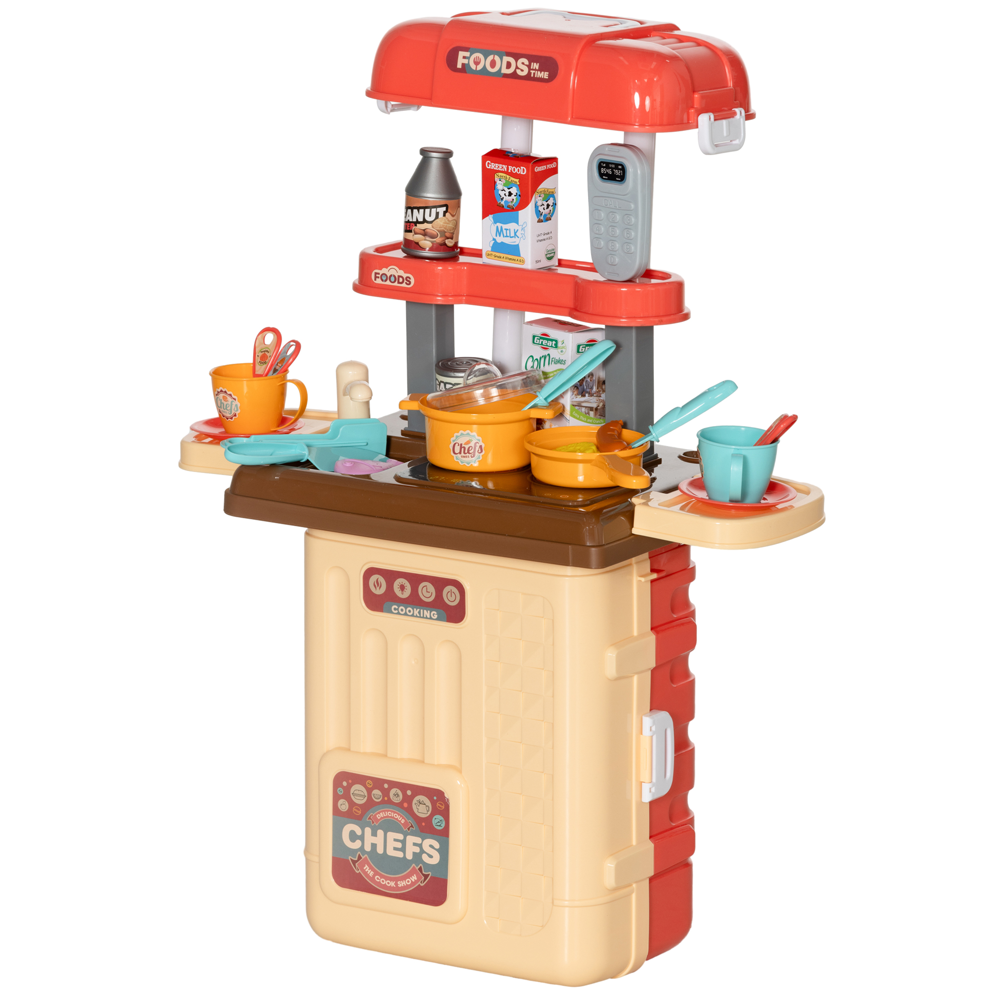 AIYAPLAY Kinder Spielküche 3 in 1 mit 36 Teilen inkl. Bestecktisch, Esstisch und Wagen, Spielküche aus PP und ABS, 48x26x64 cm, Multicolor   Aosom