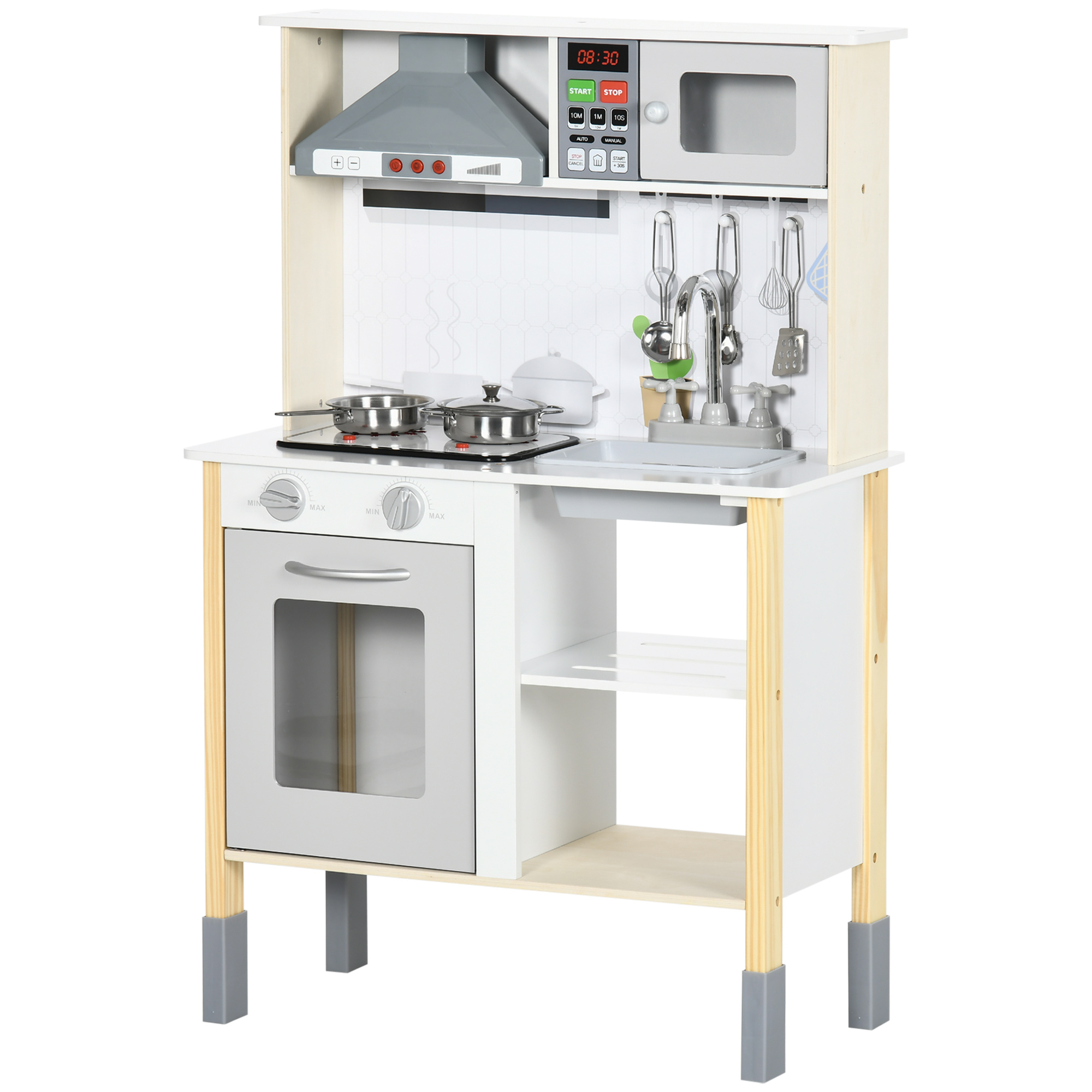 HOMCOM Spielküche für Kinder mit höhenverstellbarer Funktion, Soundeffekten, Lichtern und Zubehör, aus MDF und PP, 60x30,5x93,2 cm, Grau und Weiß   Aosom